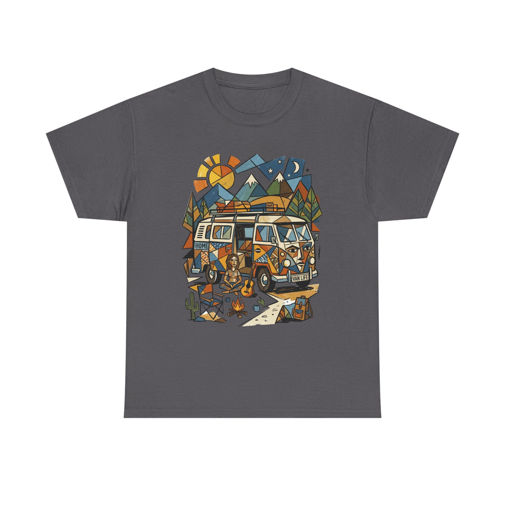 Adventure Van Camping T-Shirt — Retro Camper Van, Mountains & Campfire Graphic Tee