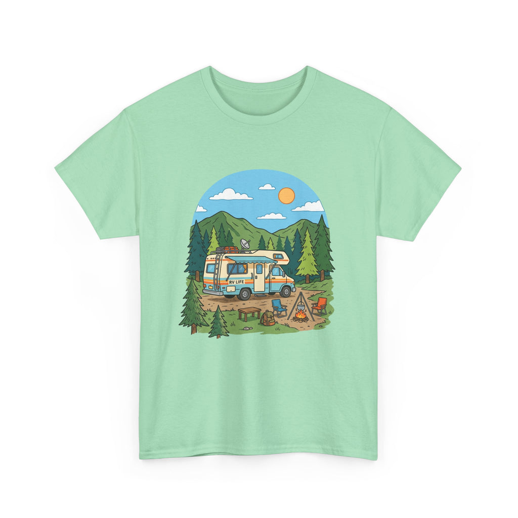Camping Van Graphic Tee — Retro Camper Van & Campfire Outdoor Shirt