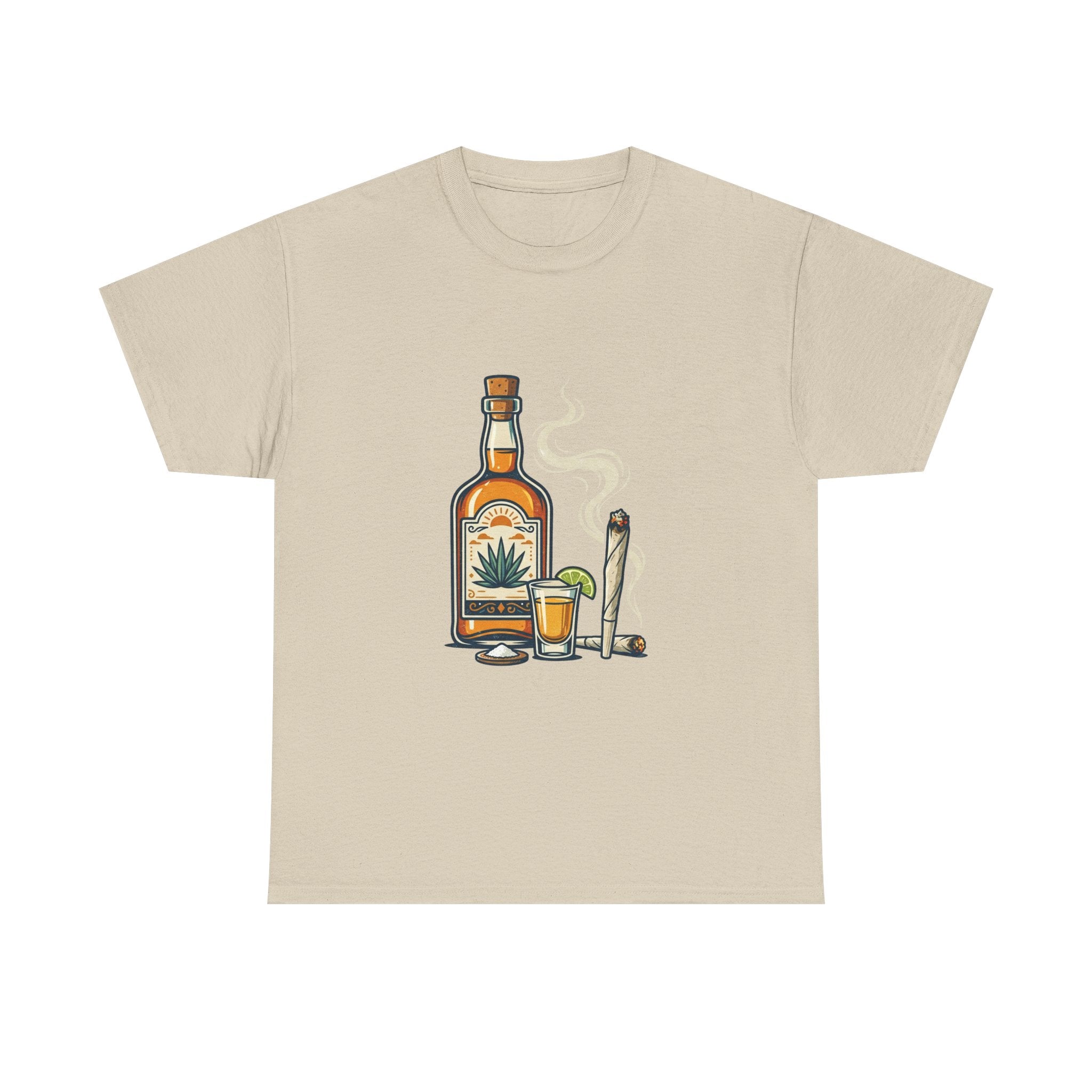 Tequila & Joint T-Shirt — Mexican Agave Bottle with Shot Glass and Joint Graphic