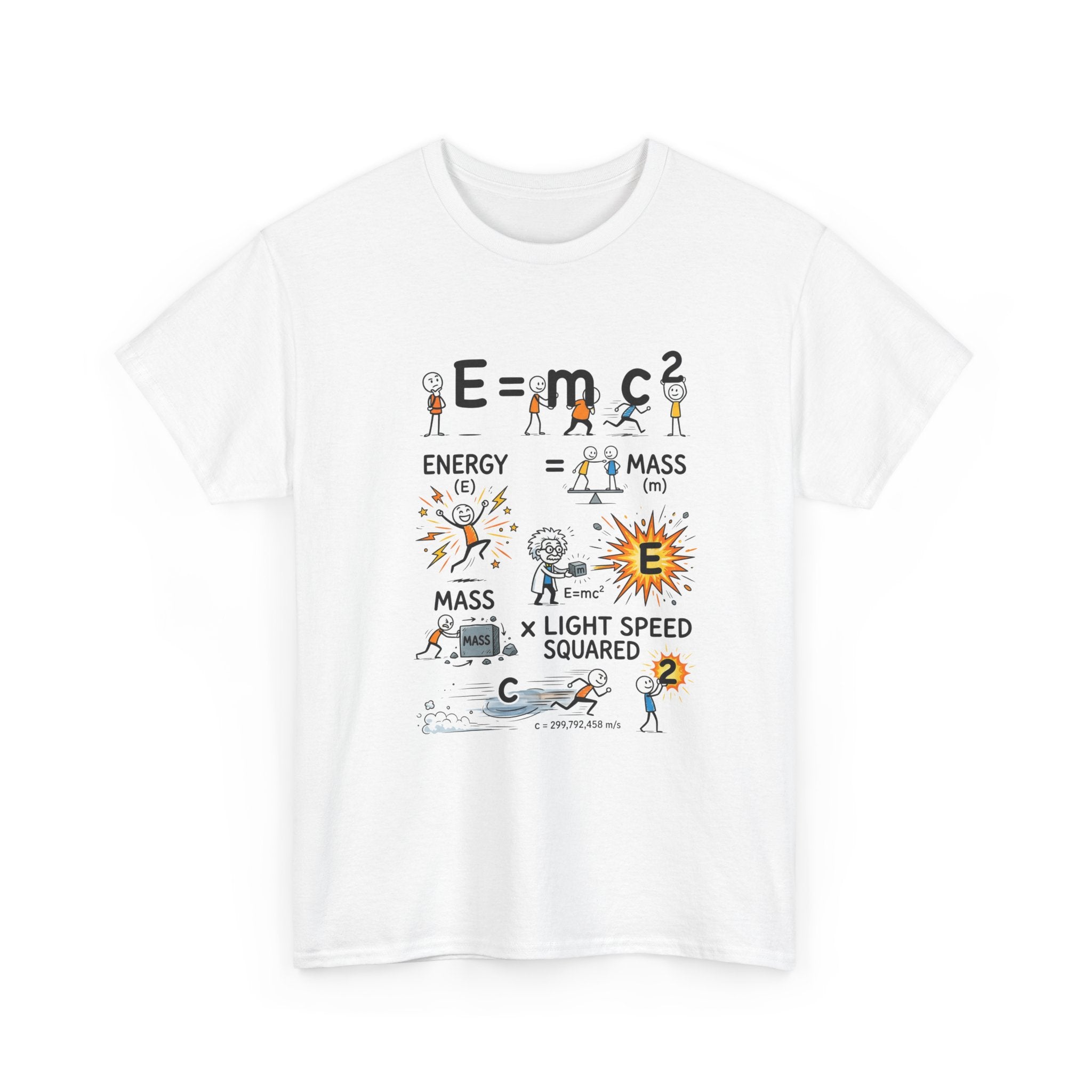 E=mc2 Cartoon Science T-Shirt — Funny Physics Diagram Tee for Students & Teachers