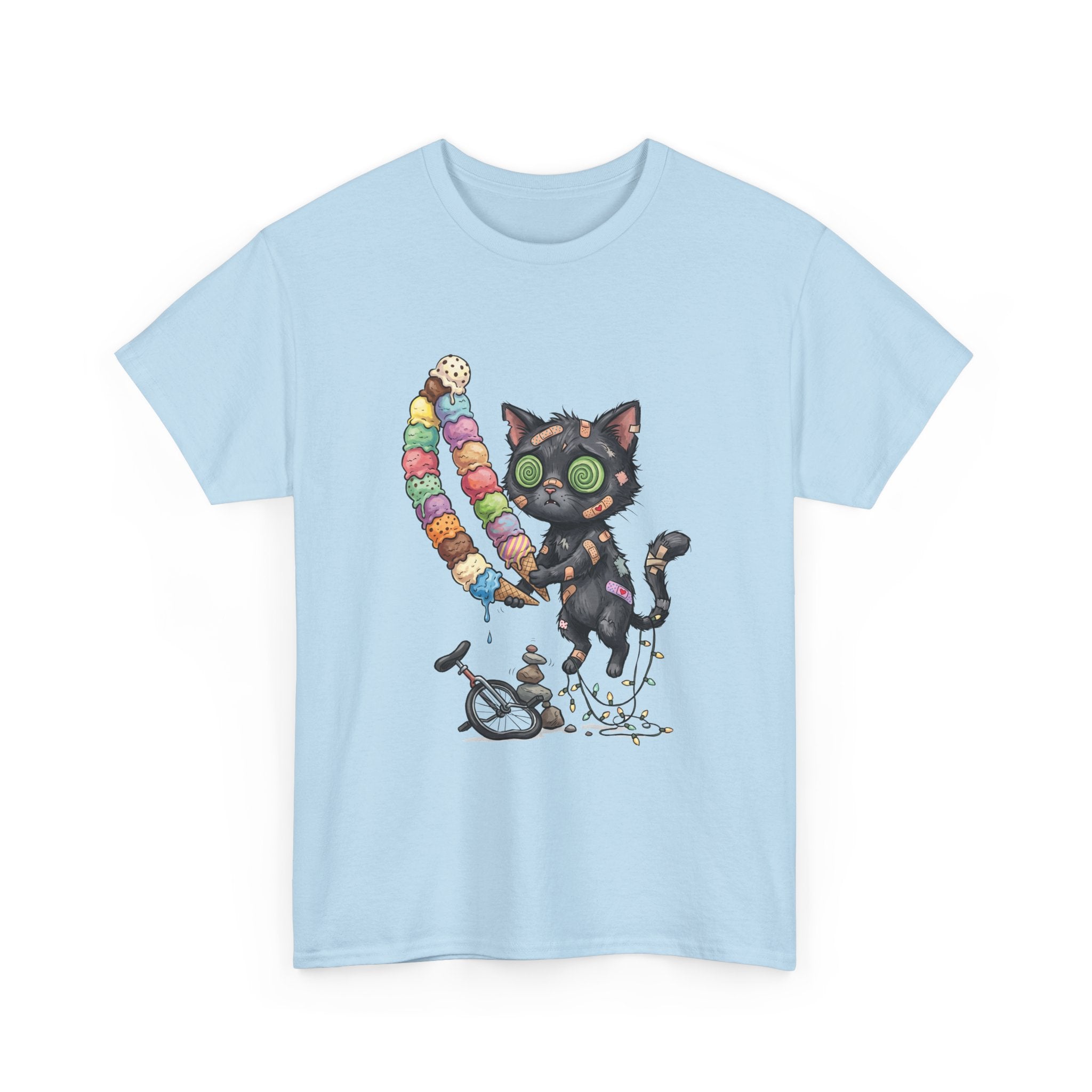 Cat with Ice Cream Graphic Tee — Cute Retro Kawaii Black Cat Holding Rainbow Ice Cream