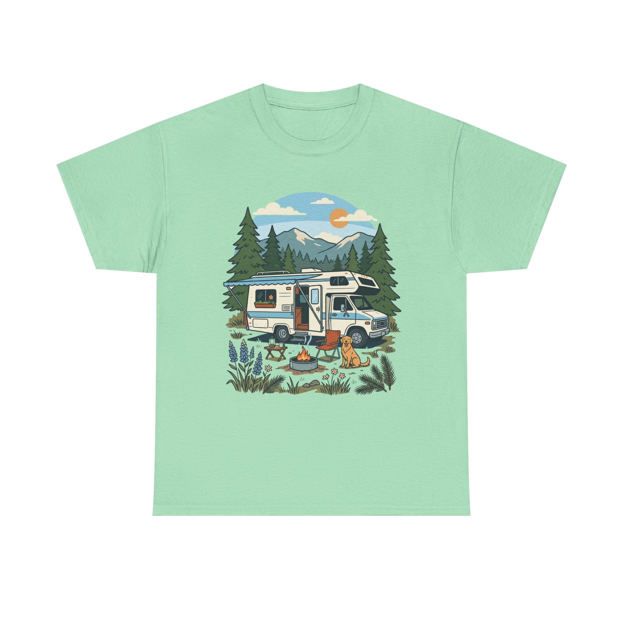 Camper Van Camping T‑Shirt — Retro RV Campfire Graphic Tee for Outdoors Lovers