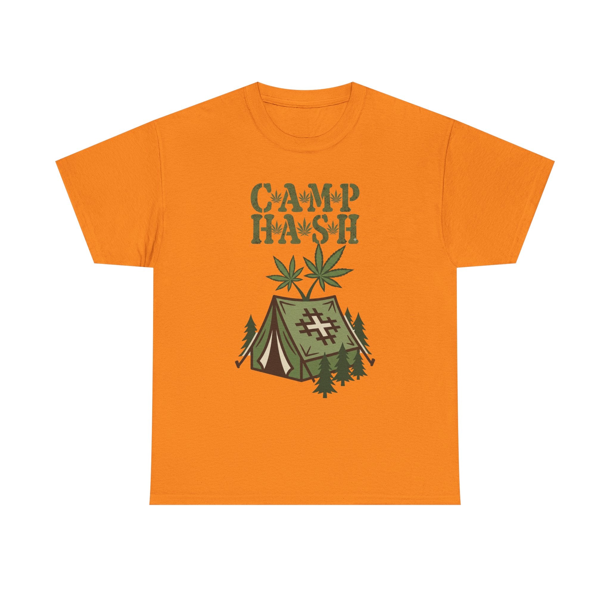 Camp Hash Cannabis Camping T‑Shirt — Retro Tent & Leaf Outdoor Smoke Tee