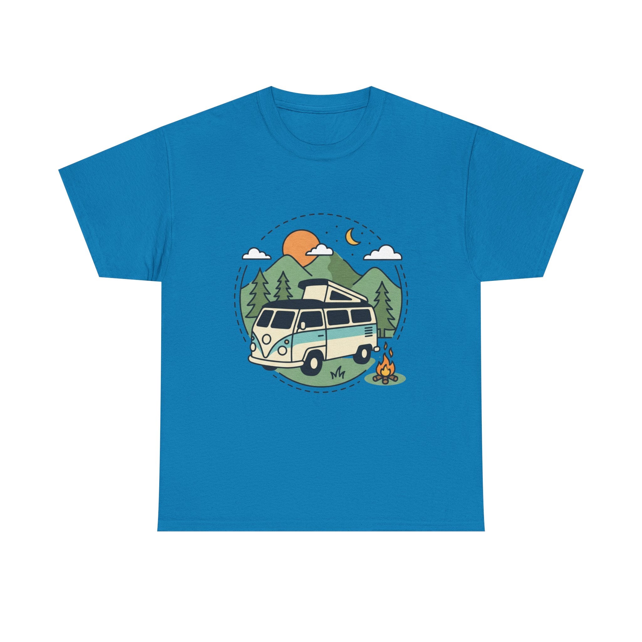 Camper Van Camping T‑Shirt — Retro Van, Mountains & Campfire Tee