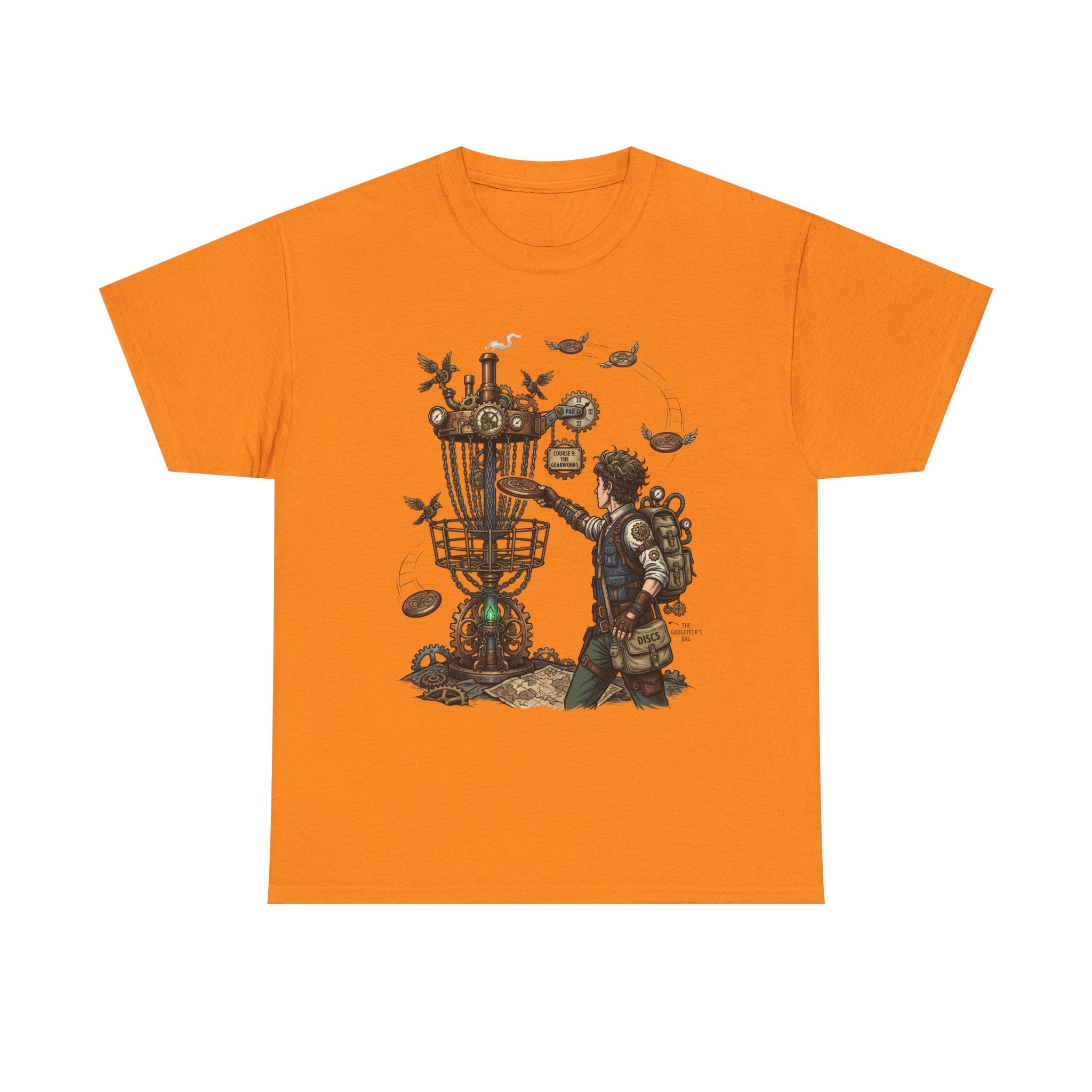 Disc Golf Adventure T‑Shirt — Steampunk Player & Birdie Basket Graphic Tee