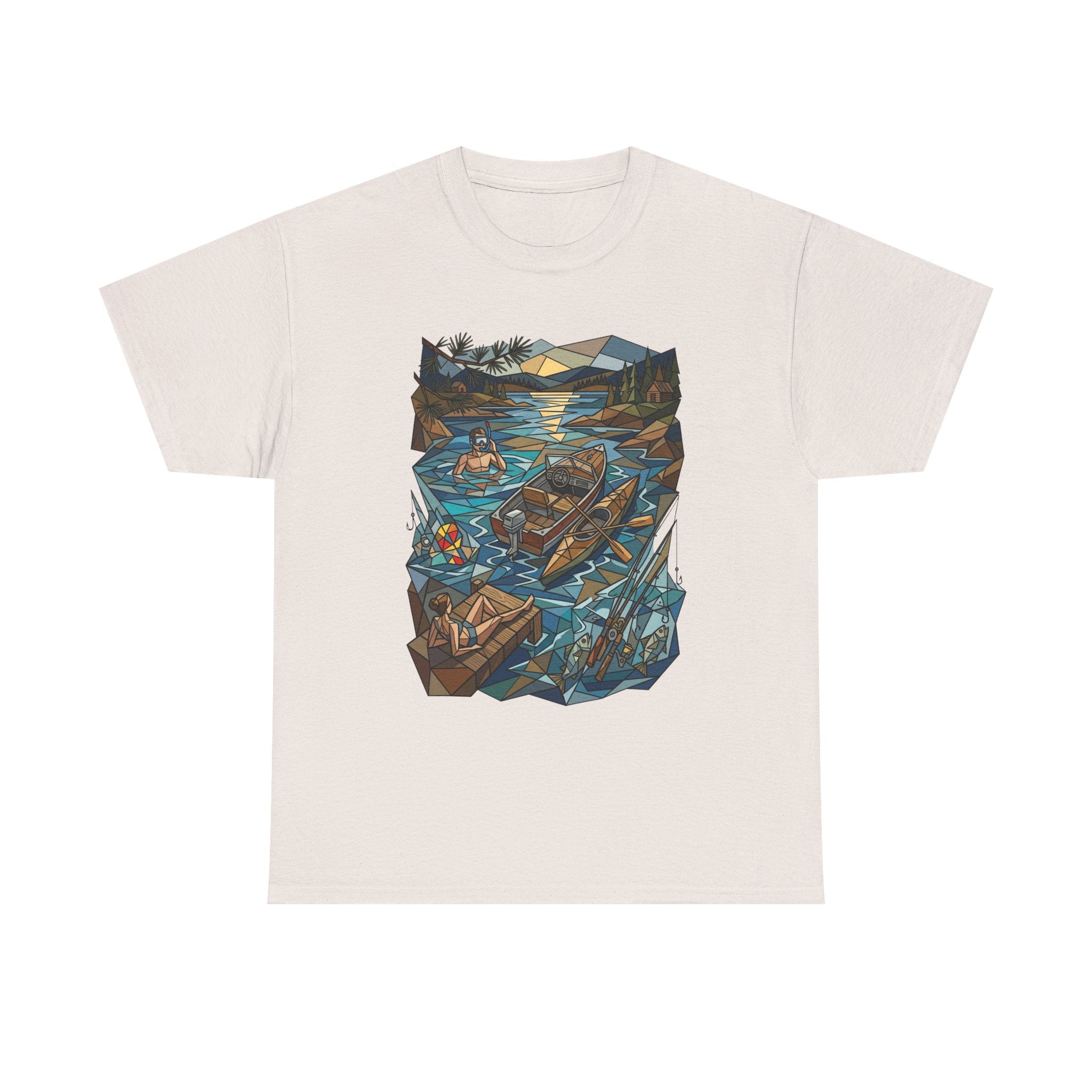 Fishing River Scene T-Shirt — Scenic Canoe & Rowboat Lake Outdoor Adventure Tee