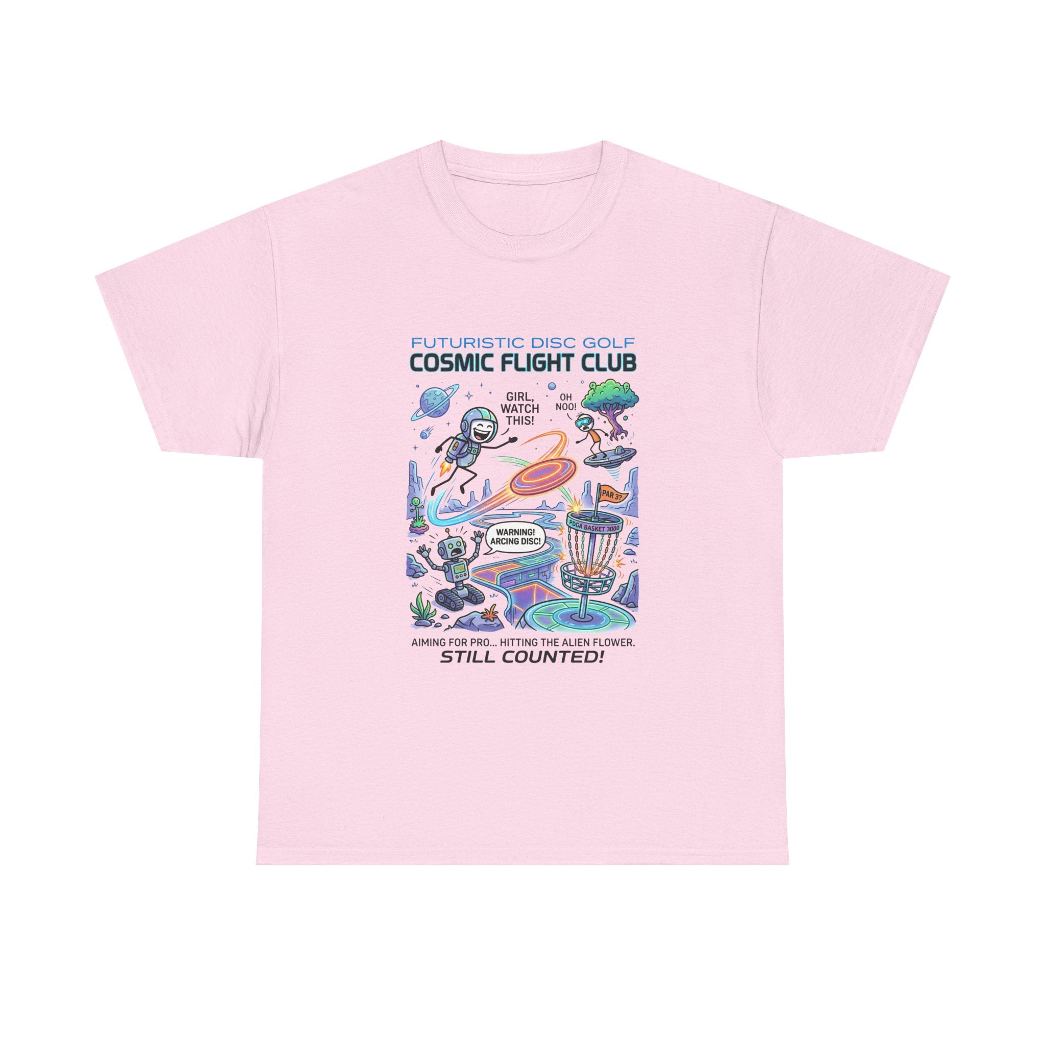 Cosmic Flight Club Disc Golf T-Shirt — Futuristic Outer Space Design