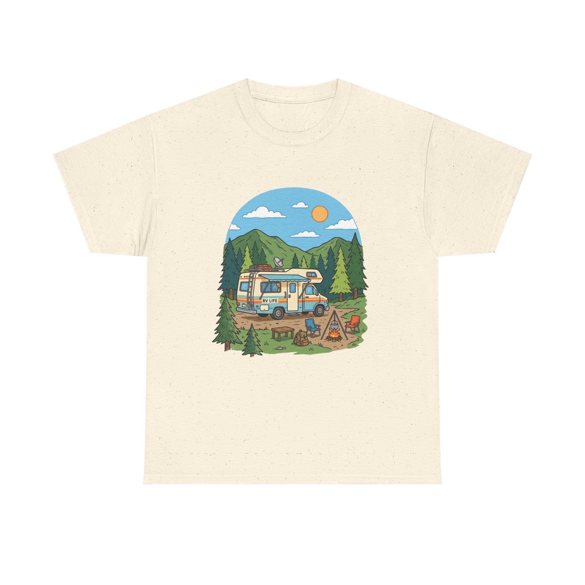 Camping Van Graphic Tee — Retro Camper Van & Campfire Outdoor Shirt