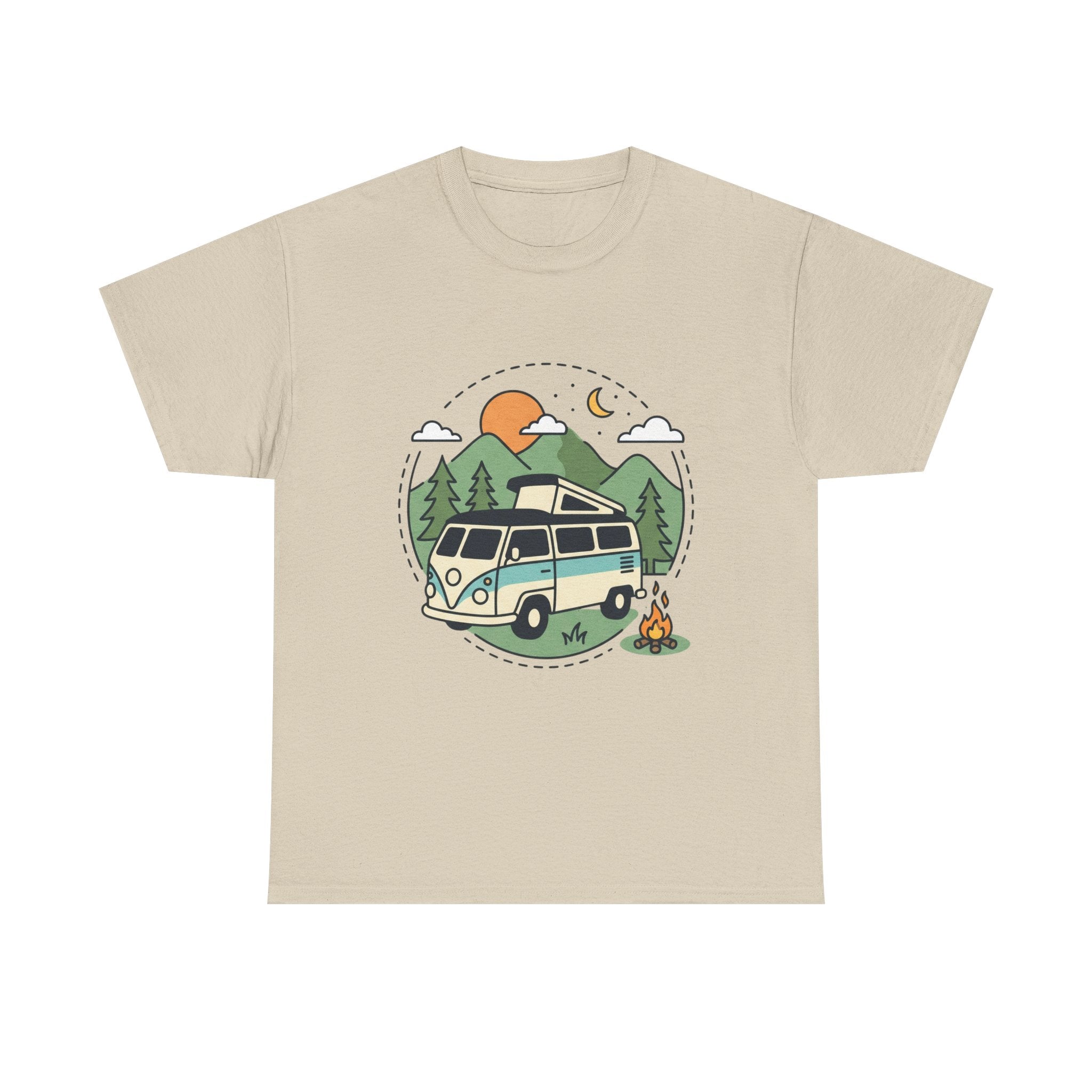 Camper Van Camping T‑Shirt — Retro Van, Mountains & Campfire Tee