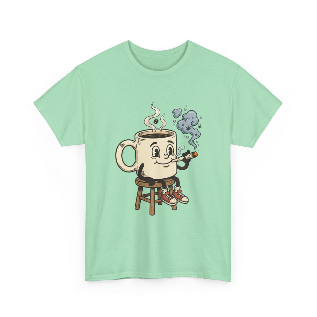 Coffee and a joint Character Tee — Retro Smiling Cup Smoking weed Graphic T-Shirt