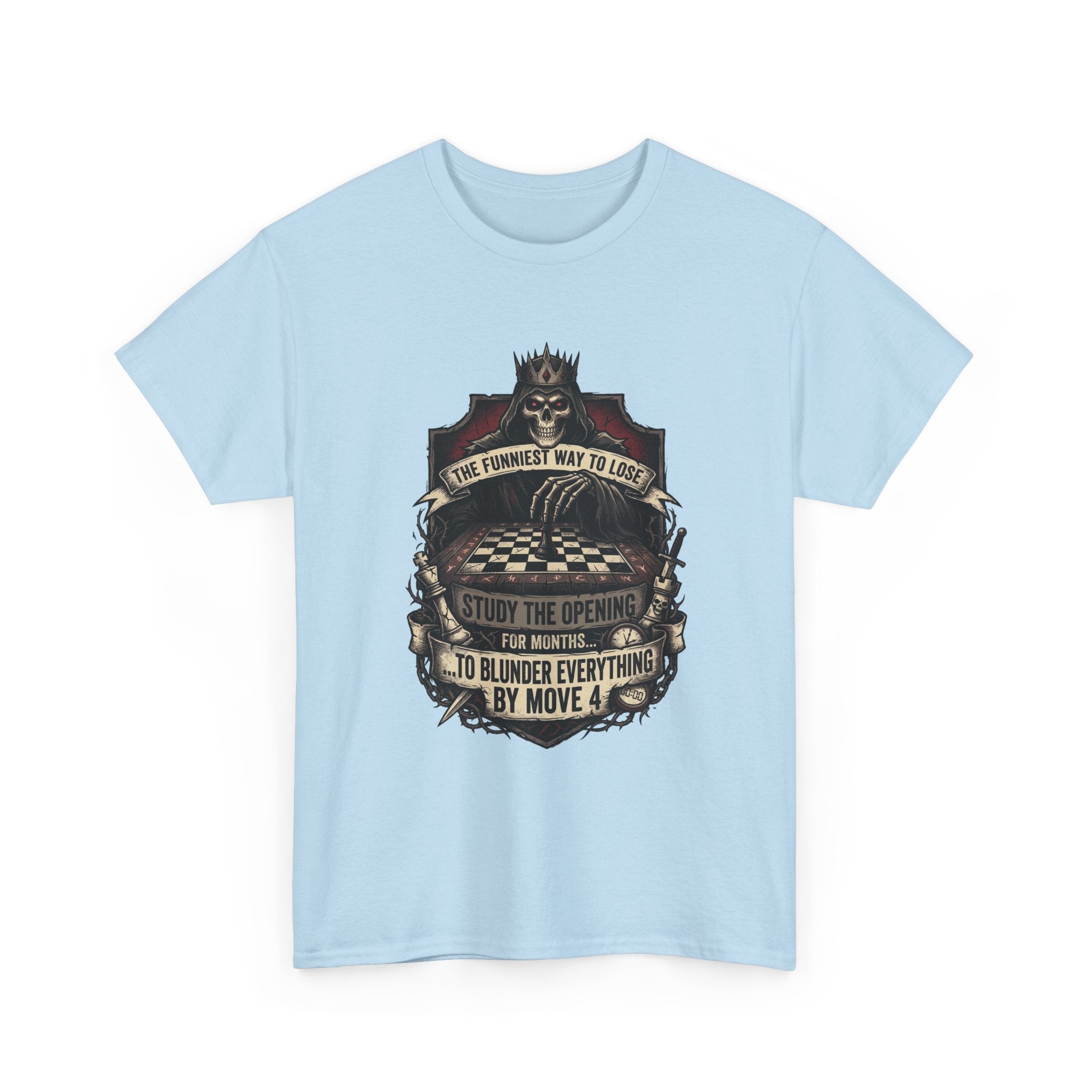 Chess Lover T-Shirt — "Study the Opening... Blunder Everything by Move 4" Vintage Chess Tee