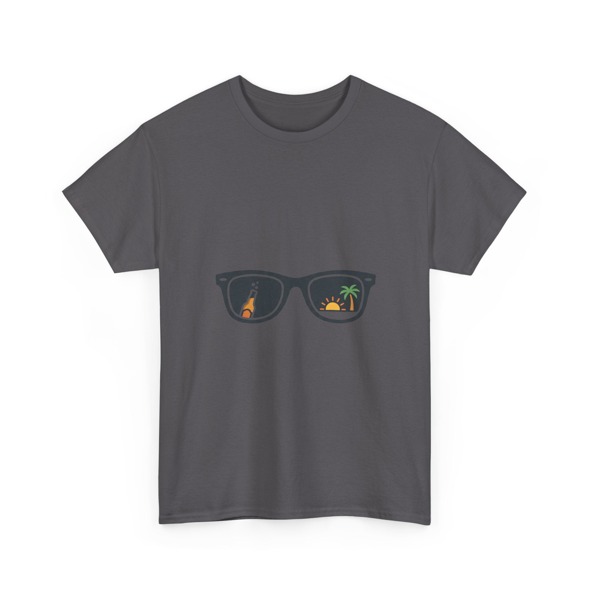 Sunglasses Reflection Tee — Tropical Beach & Palm Drink Graphic T-Shirt