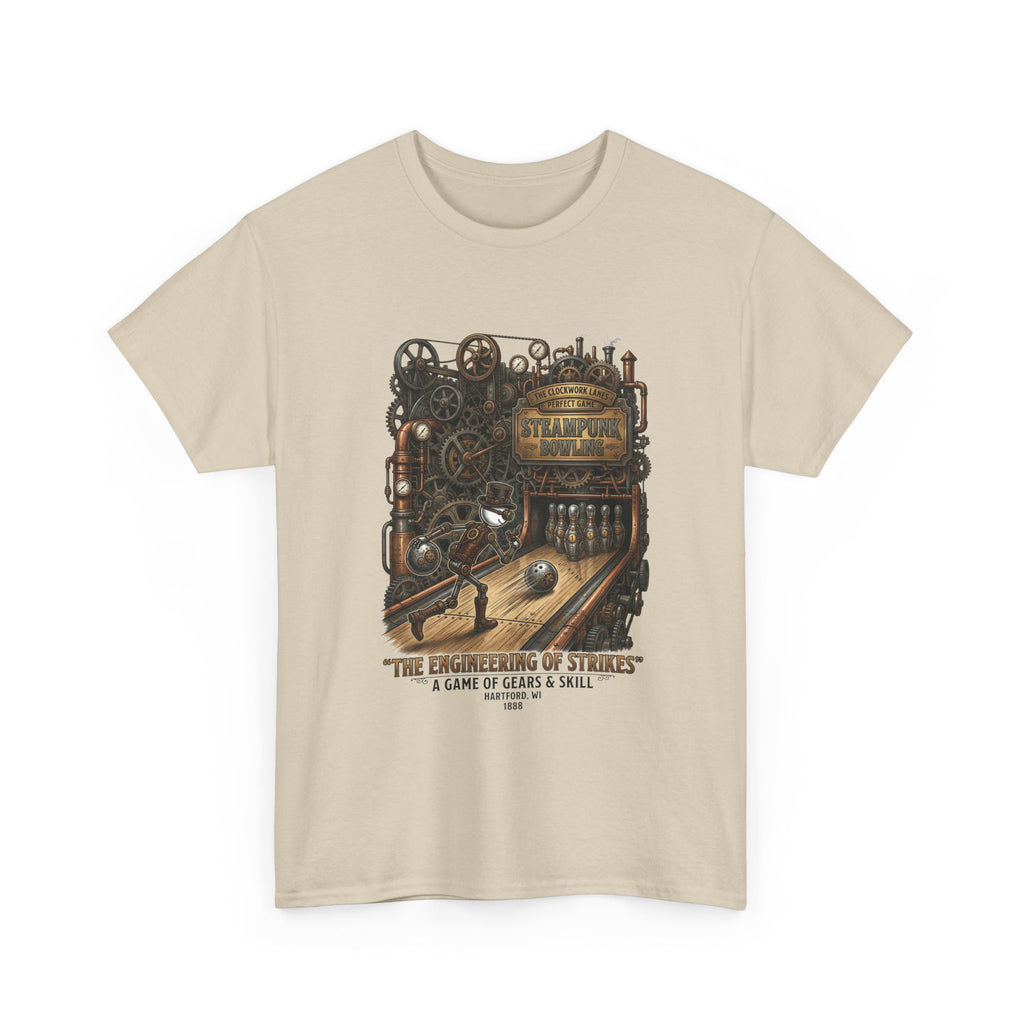 Steampunk Bowling T-Shirt — "The Engineering of Strikes" Vintage Gears Design