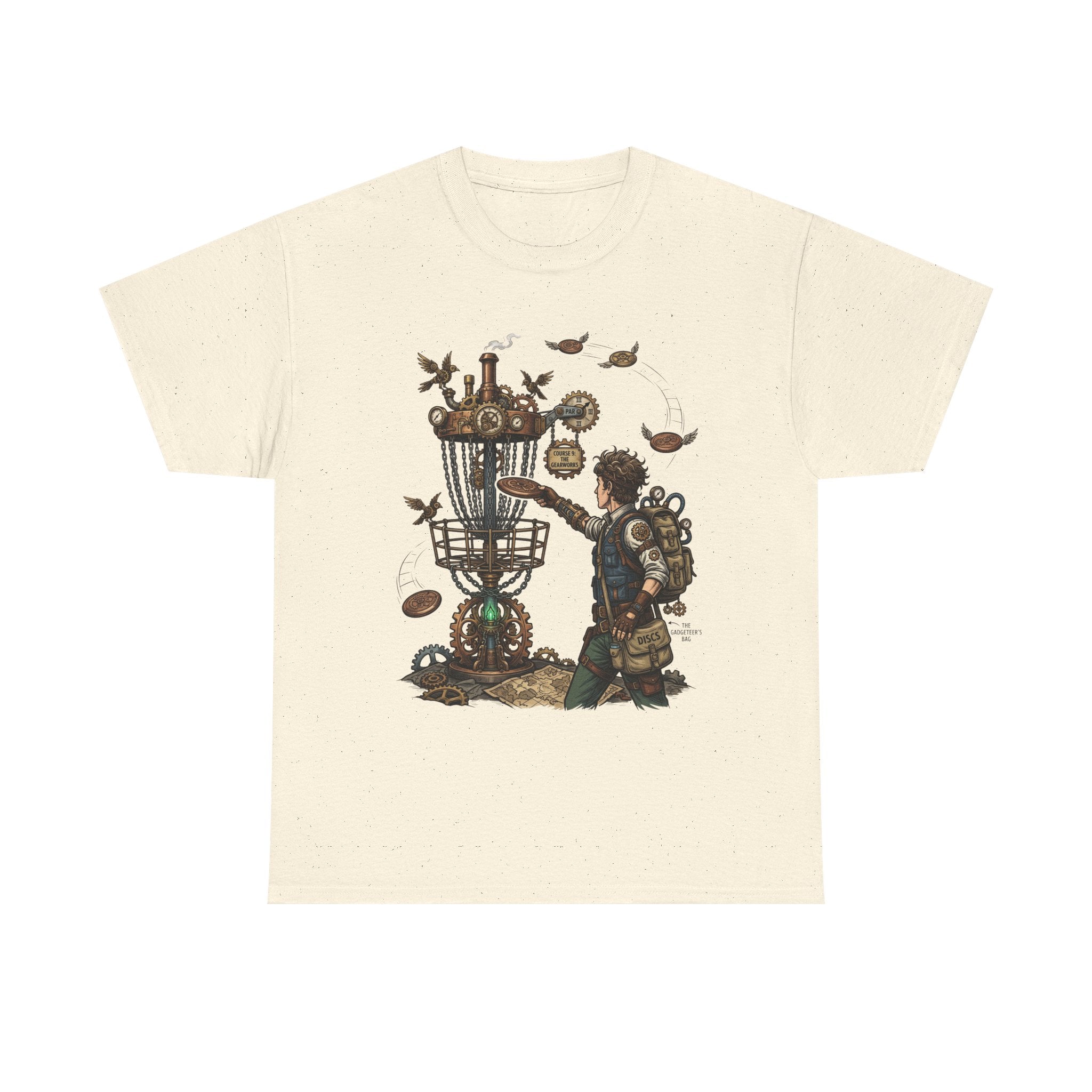 Disc Golf Adventure T‑Shirt — Steampunk Player & Birdie Basket Graphic Tee