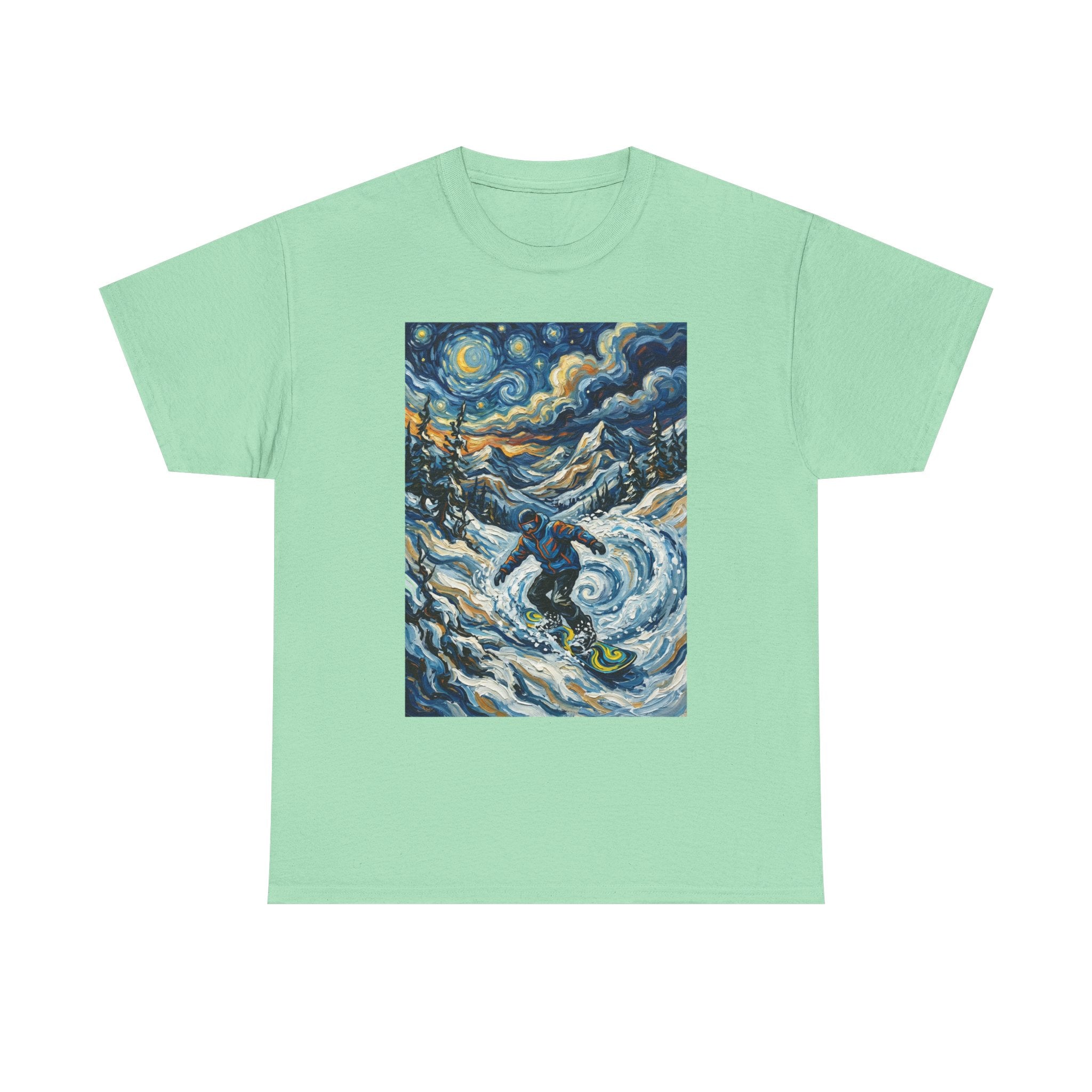 Snowboarder Van Gogh Style Tee — Starry Night Snowboarding Graphic Shirt