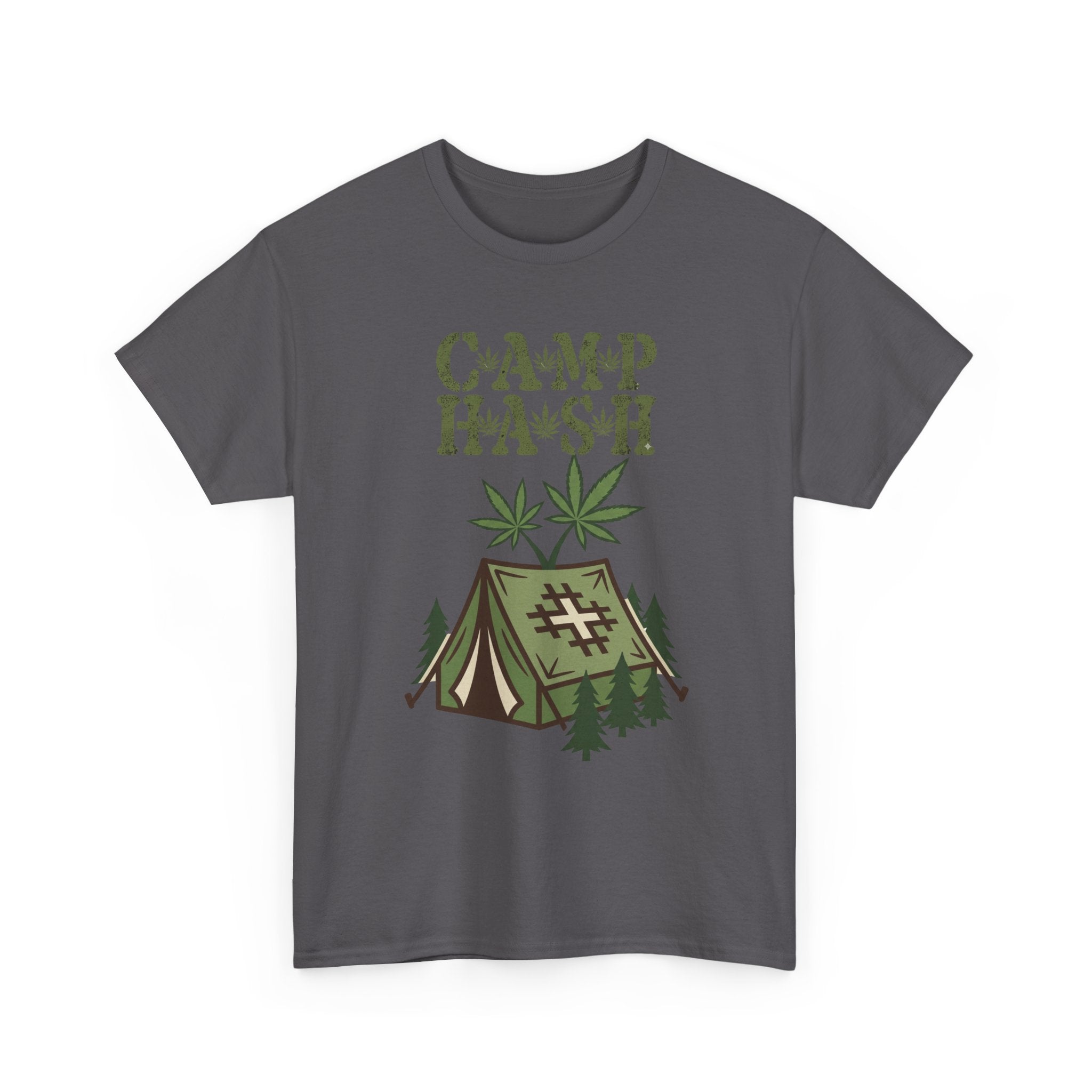 Camp Hash Cannabis Camping T‑Shirt — Retro Tent & Leaf Outdoor Smoke Tee