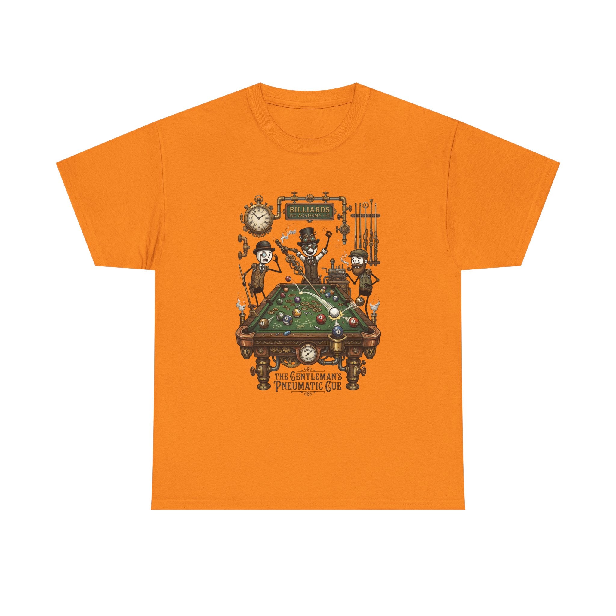Steampunk Billiards Tee – 'The Gentleman's Pneumatic Cue' Pool Table Graphic Shirt