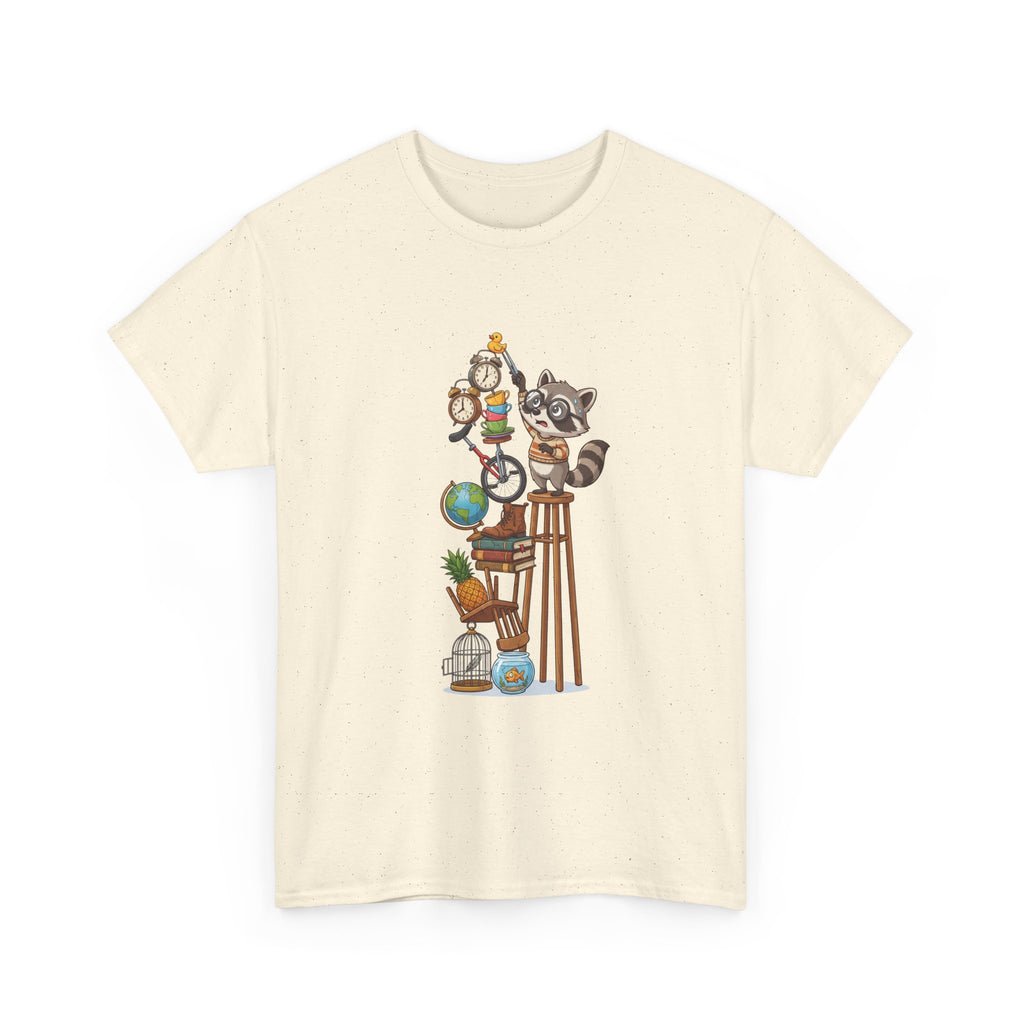 Raccoon & Curiosity Shelf T‑Shirt — Cute Scientist Animal Stack Graphic Tee