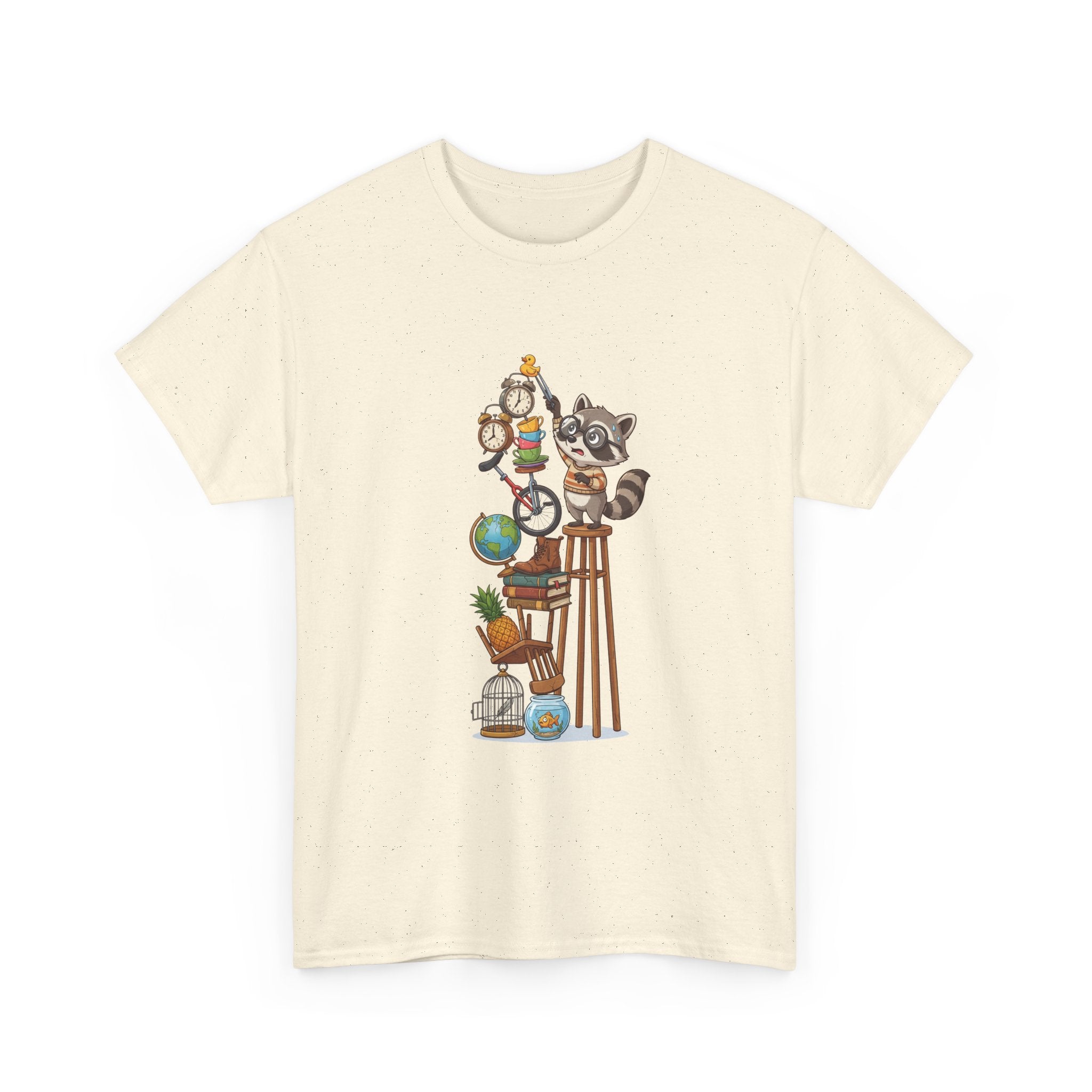 Raccoon & Curiosity Shelf T‑Shirt — Cute Scientist Animal Stack Graphic Tee