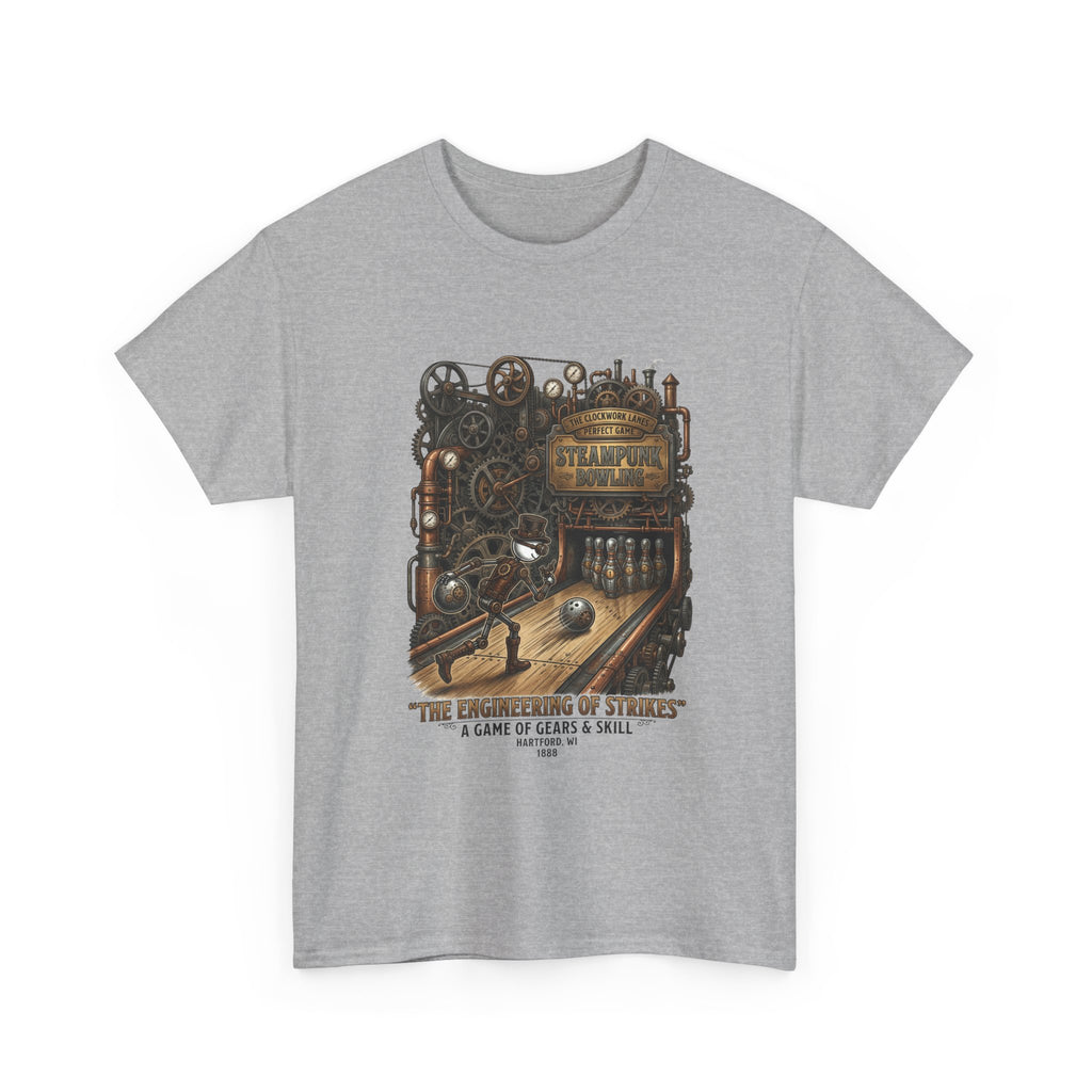 Steampunk Bowling T-Shirt — "The Engineering of Strikes" Vintage Gears Design