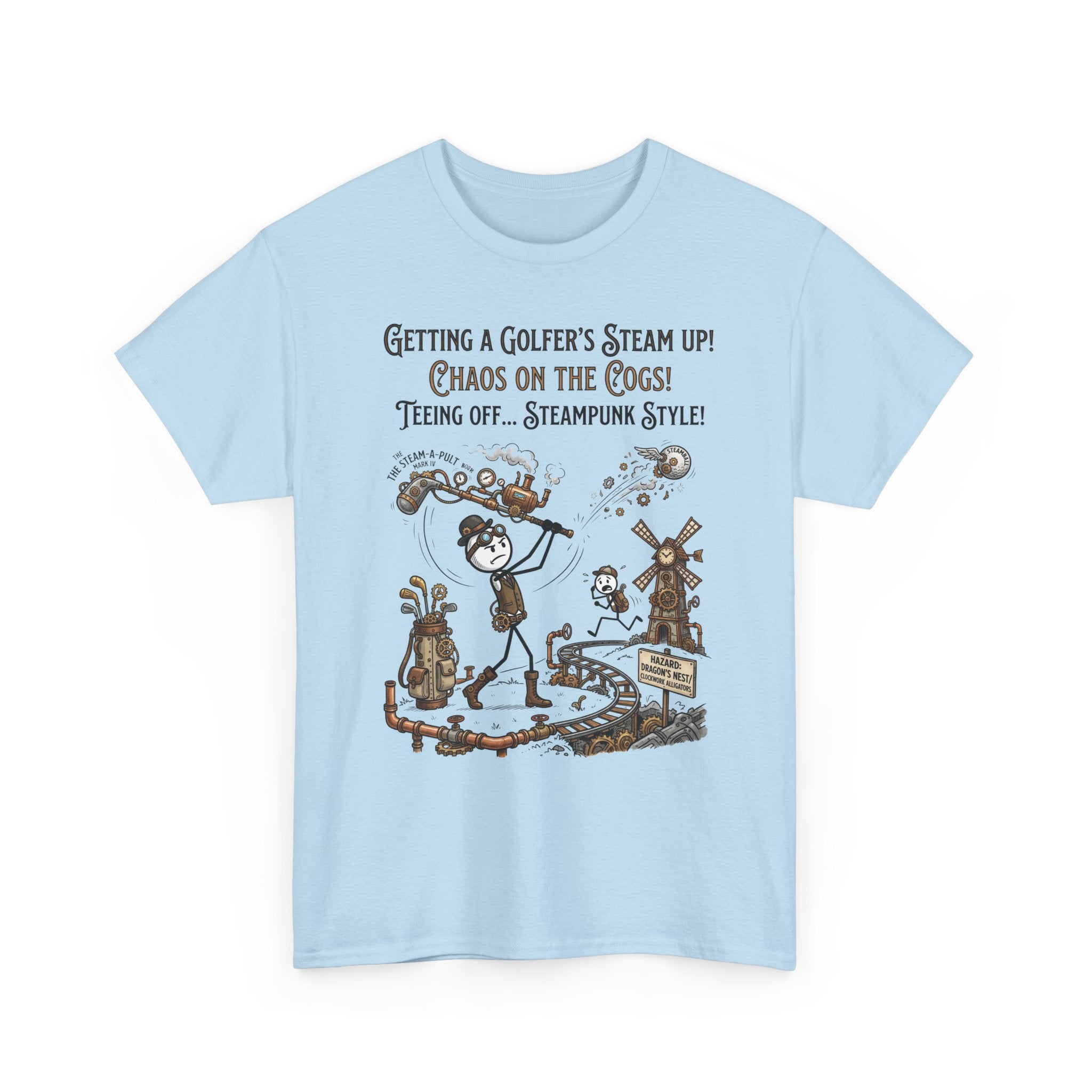 Steampunk Golf T-Shirt - "Getting a Golfer's Steam Up! Chaos on the Cogs" Graphic Tee