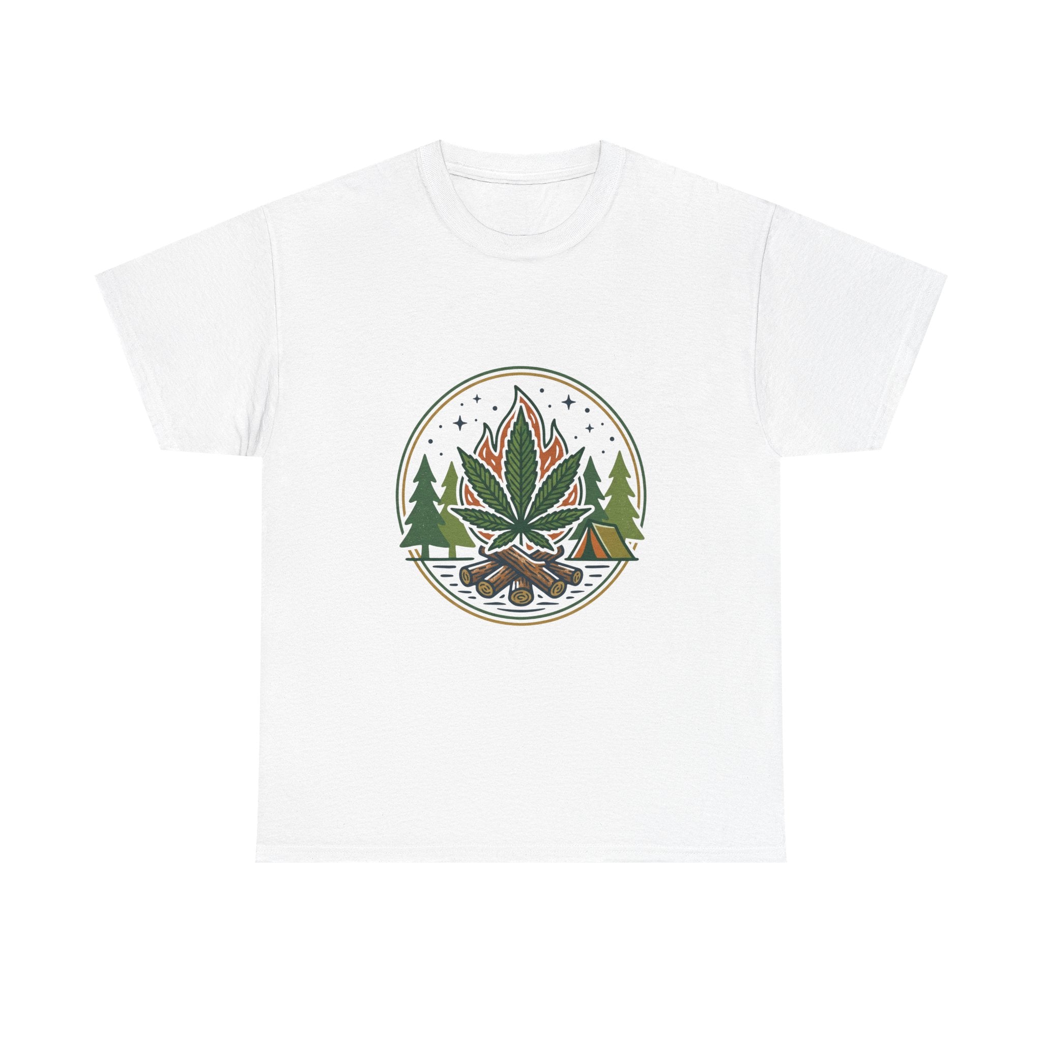 Cannabis Campfire Tee — Outdoor Weed Leaf Forest Graphic T-Shirt