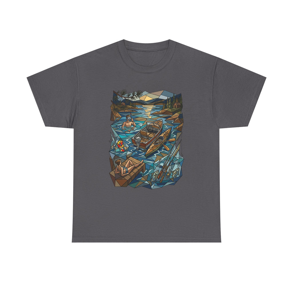 Fishing River Scene T-Shirt — Scenic Canoe & Rowboat Lake Outdoor Adventure Tee