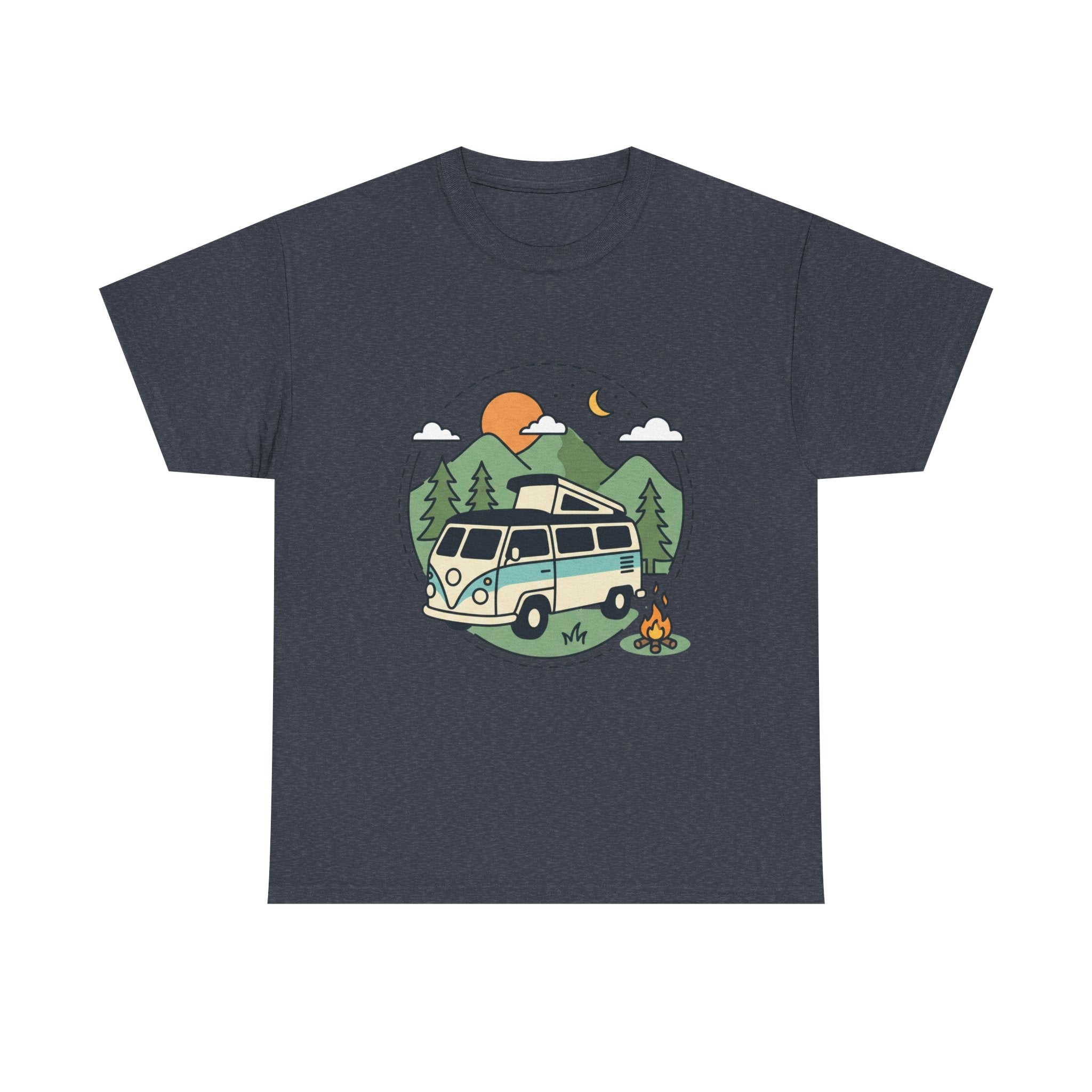 Camper Van Camping T‑Shirt — Retro Van, Mountains & Campfire Tee