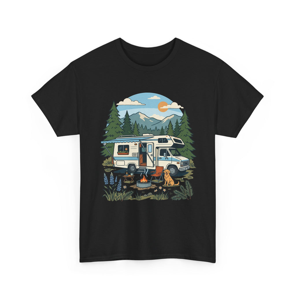 Camper Van Camping T‑Shirt — Retro RV Campfire Graphic Tee for Outdoors Lovers