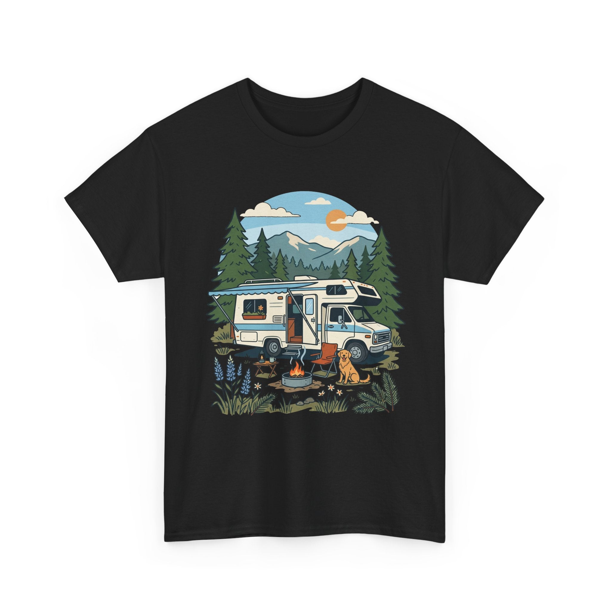 Camper Van Camping T‑Shirt — Retro RV Campfire Graphic Tee for Outdoors Lovers