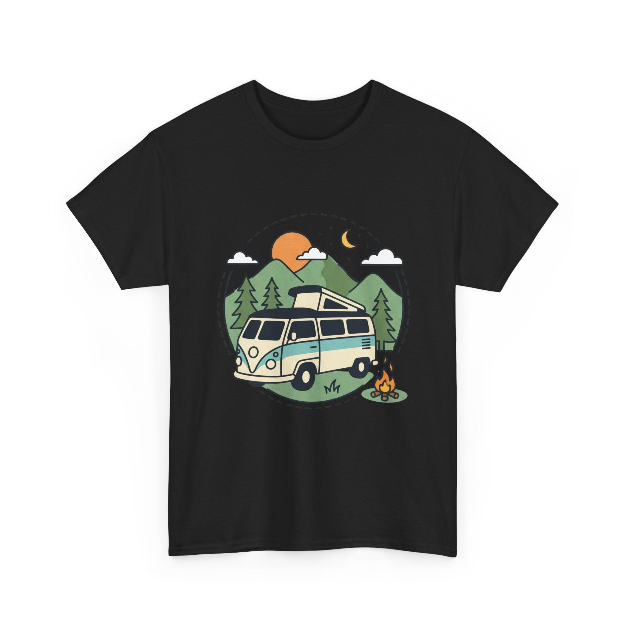 Camper Van Camping T‑Shirt — Retro Van, Mountains & Campfire Tee