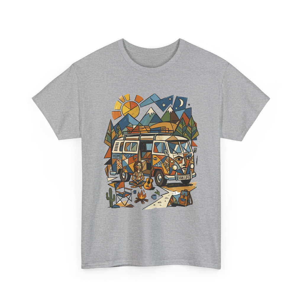 Adventure Van Camping T-Shirt — Retro Camper Van, Mountains & Campfire Graphic Tee