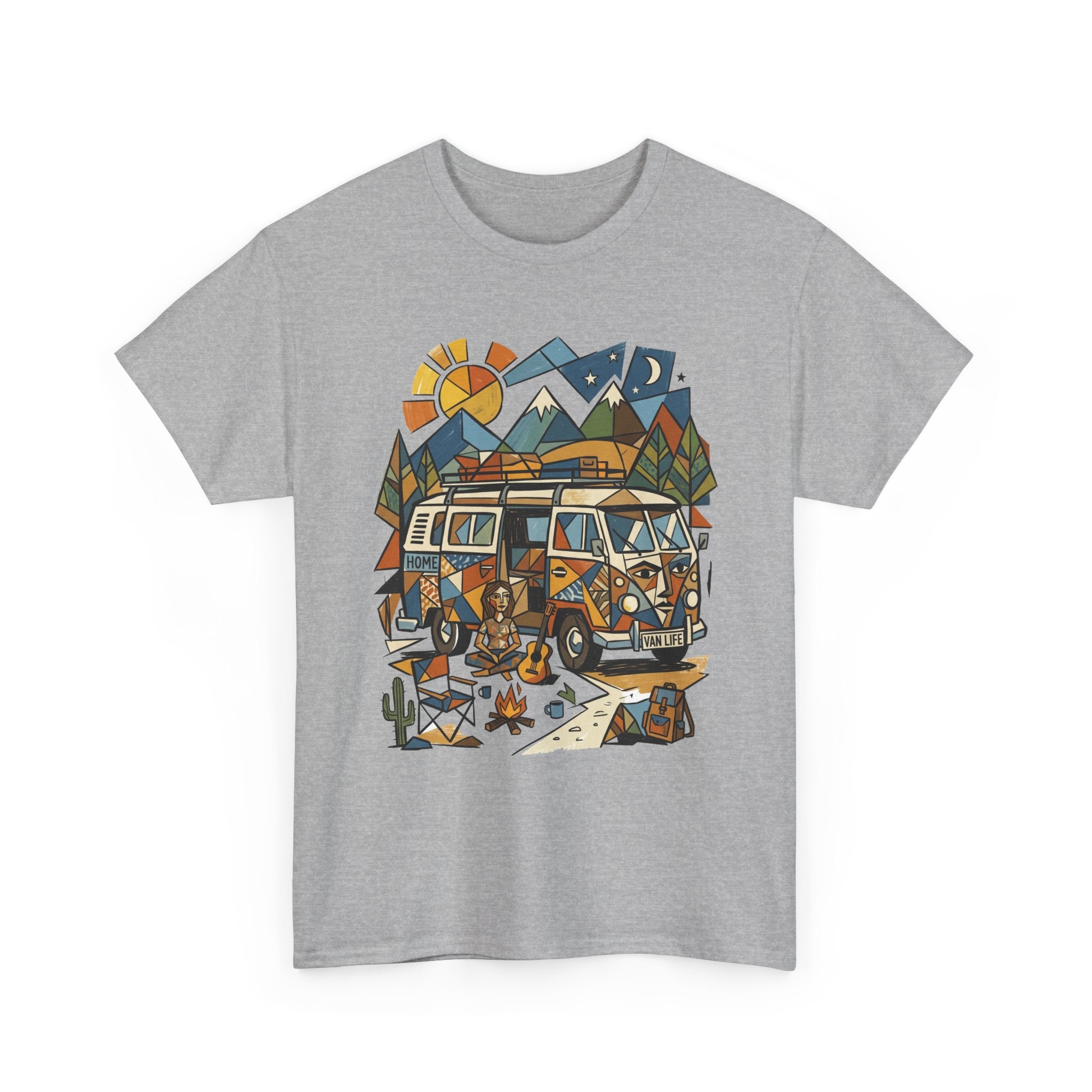 Adventure Van Camping T-Shirt — Retro Camper Van, Mountains & Campfire Graphic Tee