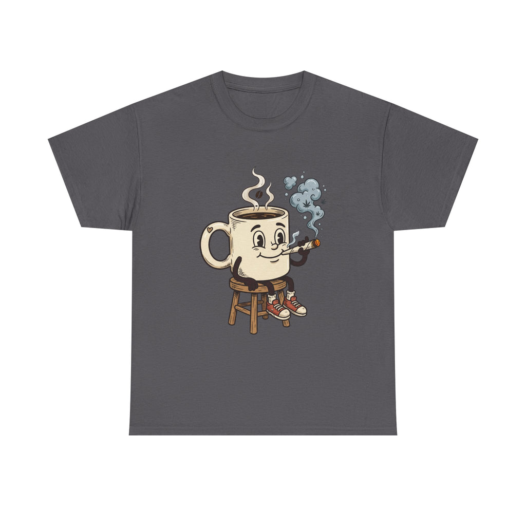 Coffee and a joint Character Tee — Retro Smiling Cup Smoking weed Graphic T-Shirt