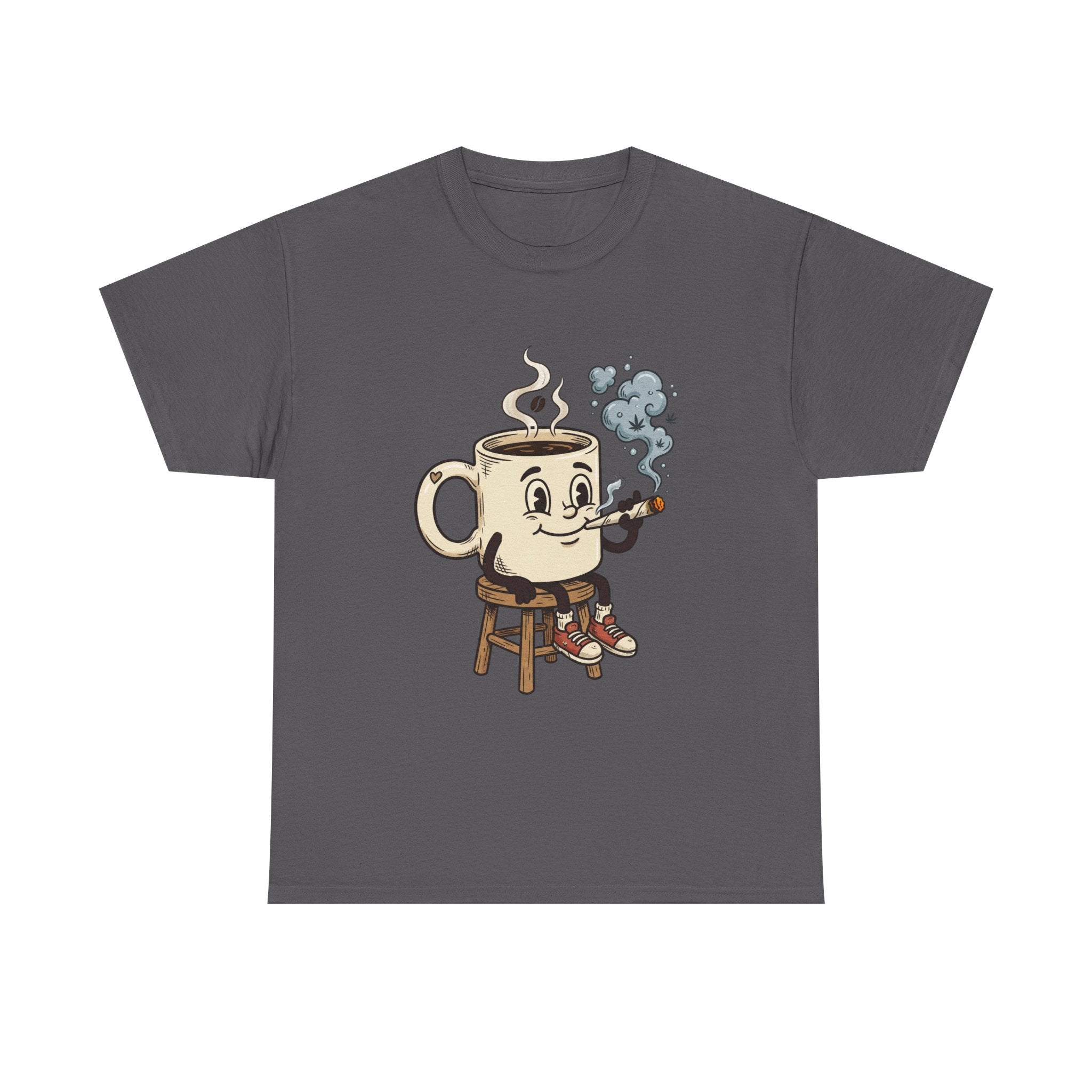 Coffee and a joint Character Tee — Retro Smiling Cup Smoking weed Graphic T-Shirt