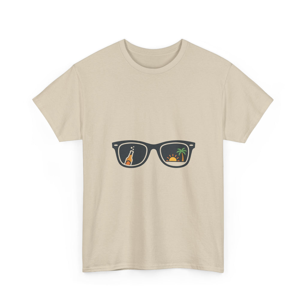 Sunglasses Reflection Tee — Tropical Beach & Palm Drink Graphic T-Shirt