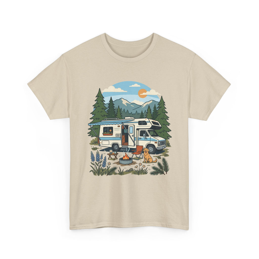 Camper Van Camping T‑Shirt — Retro RV Campfire Graphic Tee for Outdoors Lovers