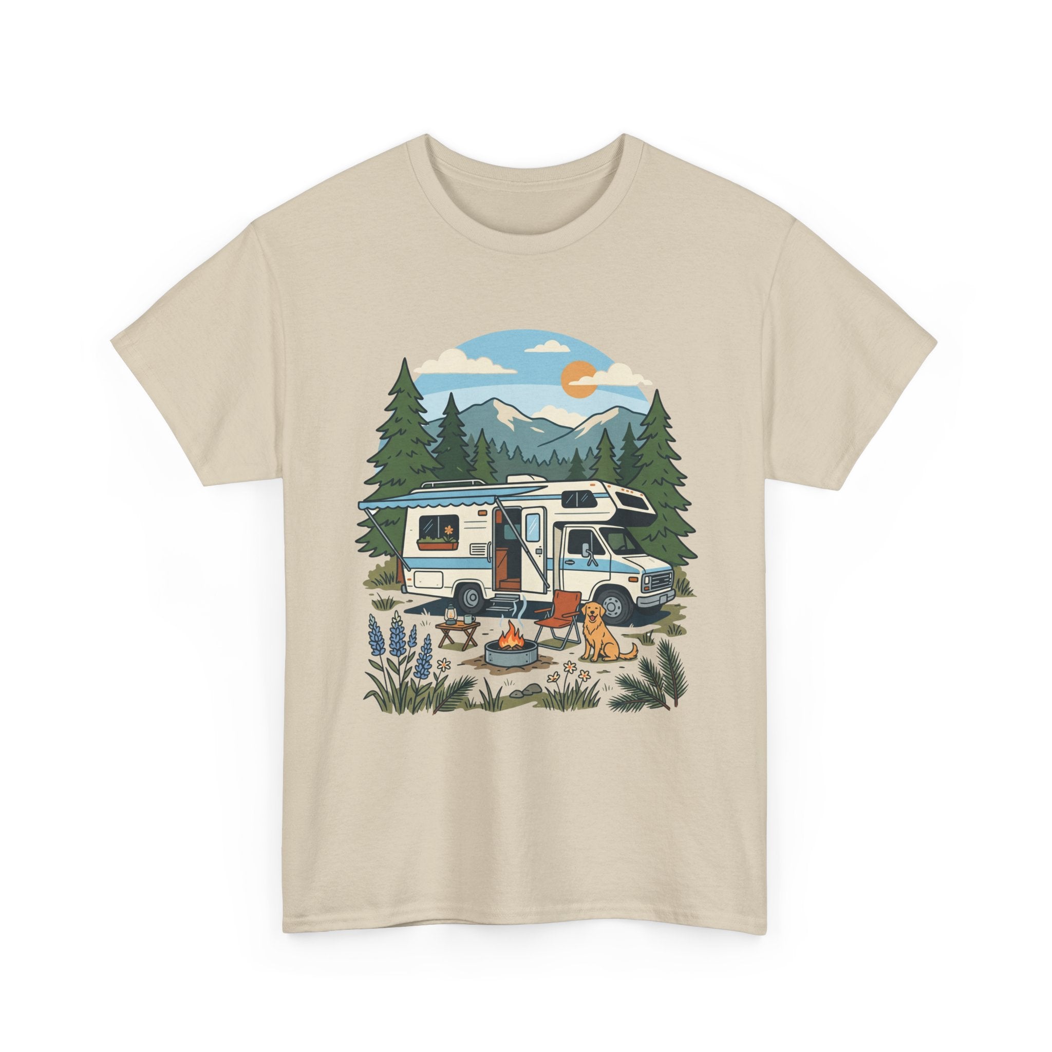 Camper Van Camping T‑Shirt — Retro RV Campfire Graphic Tee for Outdoors Lovers