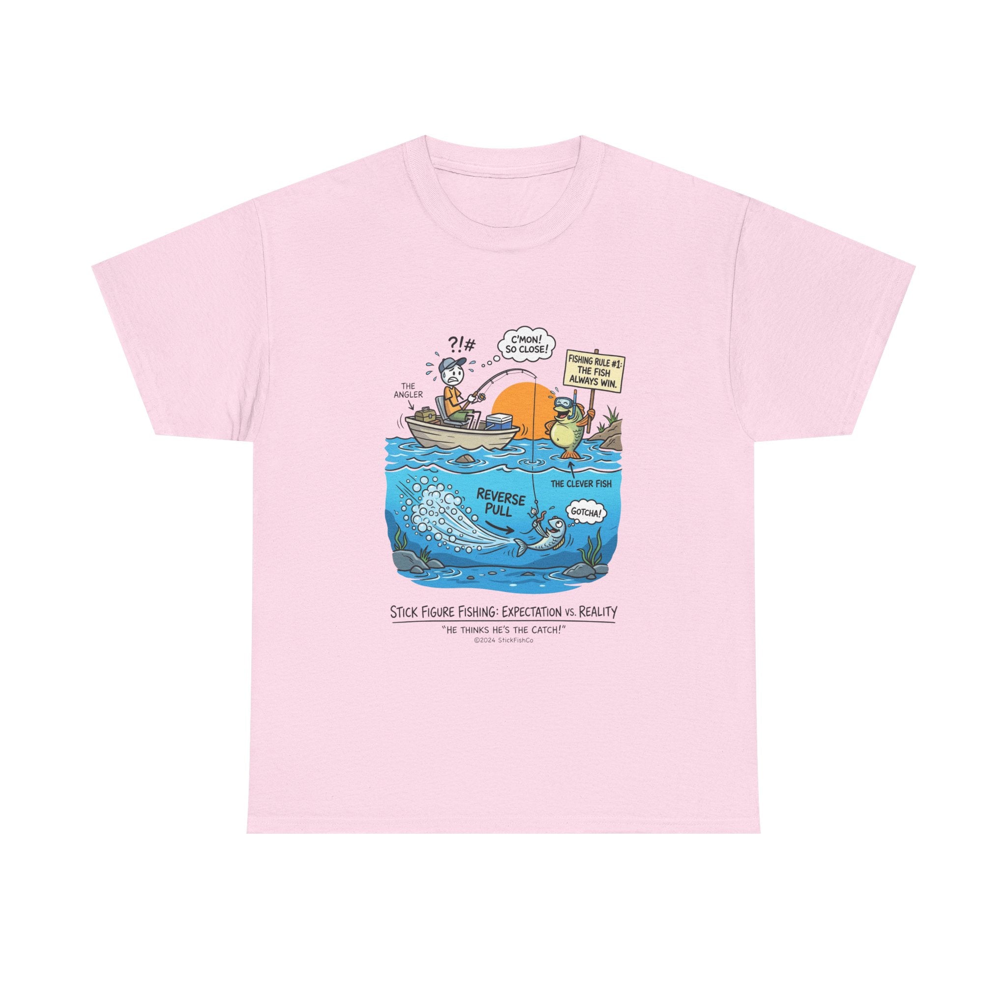 Fishing Cartoon T-Shirt — 'Reverse Take' Sunset Boating Tee