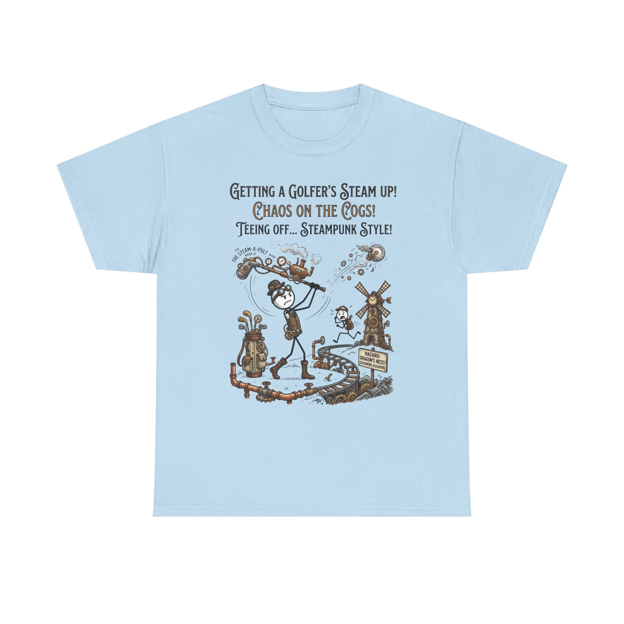 Steampunk Golf T-Shirt - "Getting a Golfer's Steam Up! Chaos on the Cogs" Graphic Tee