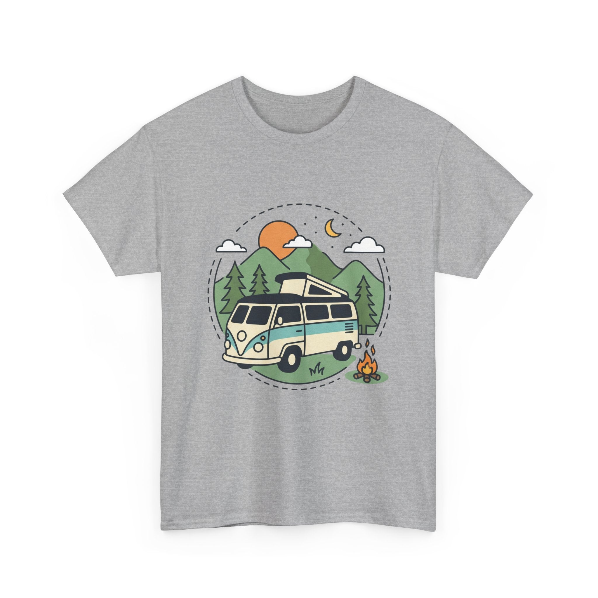 Camper Van Camping T‑Shirt — Retro Van, Mountains & Campfire Tee
