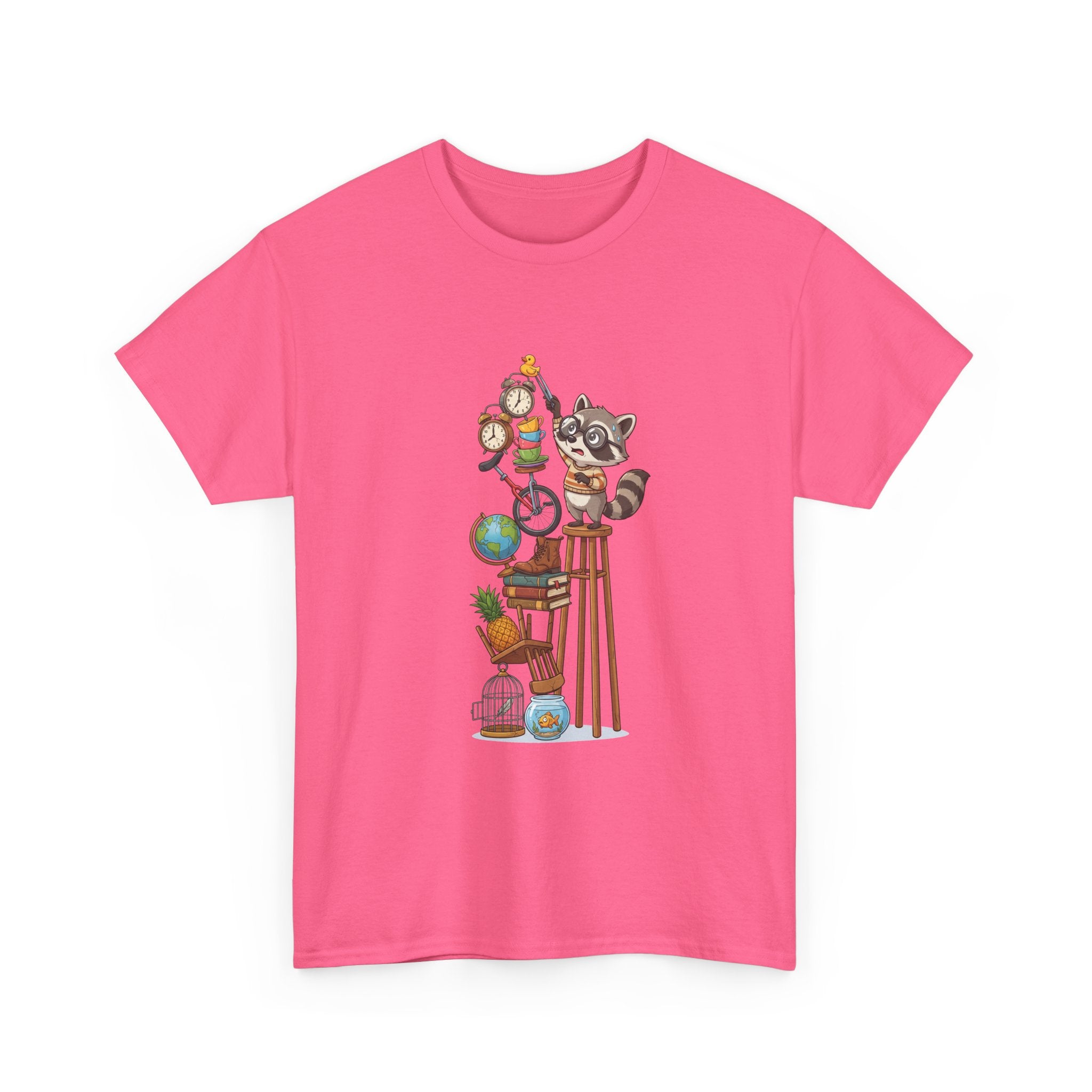 Raccoon & Curiosity Shelf T‑Shirt — Cute Scientist Animal Stack Graphic Tee