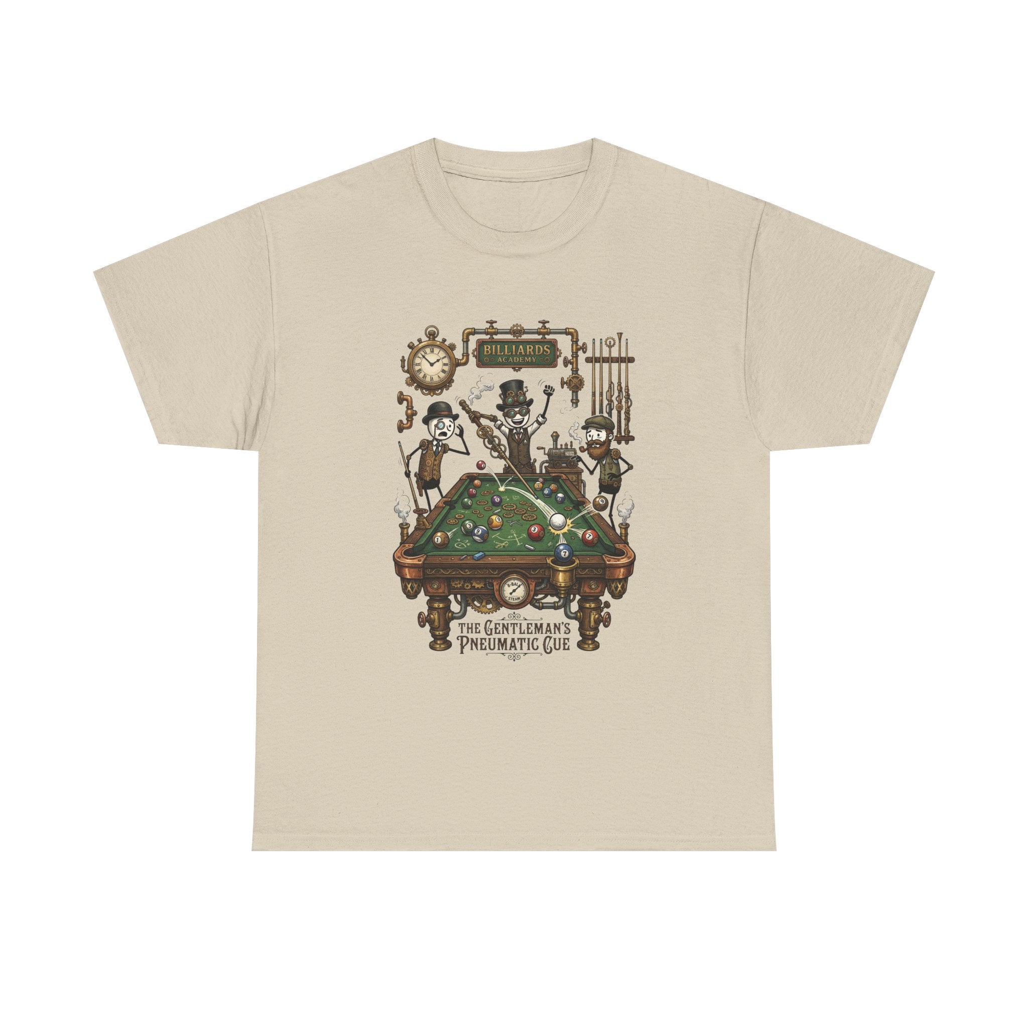 Steampunk Billiards Tee – 'The Gentleman's Pneumatic Cue' Pool Table Graphic Shirt