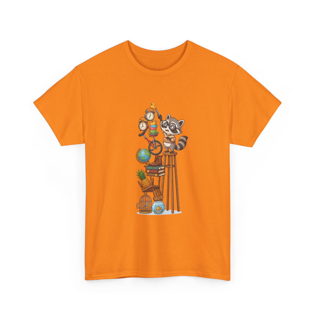 Raccoon & Curiosity Shelf T‑Shirt — Cute Scientist Animal Stack Graphic Tee