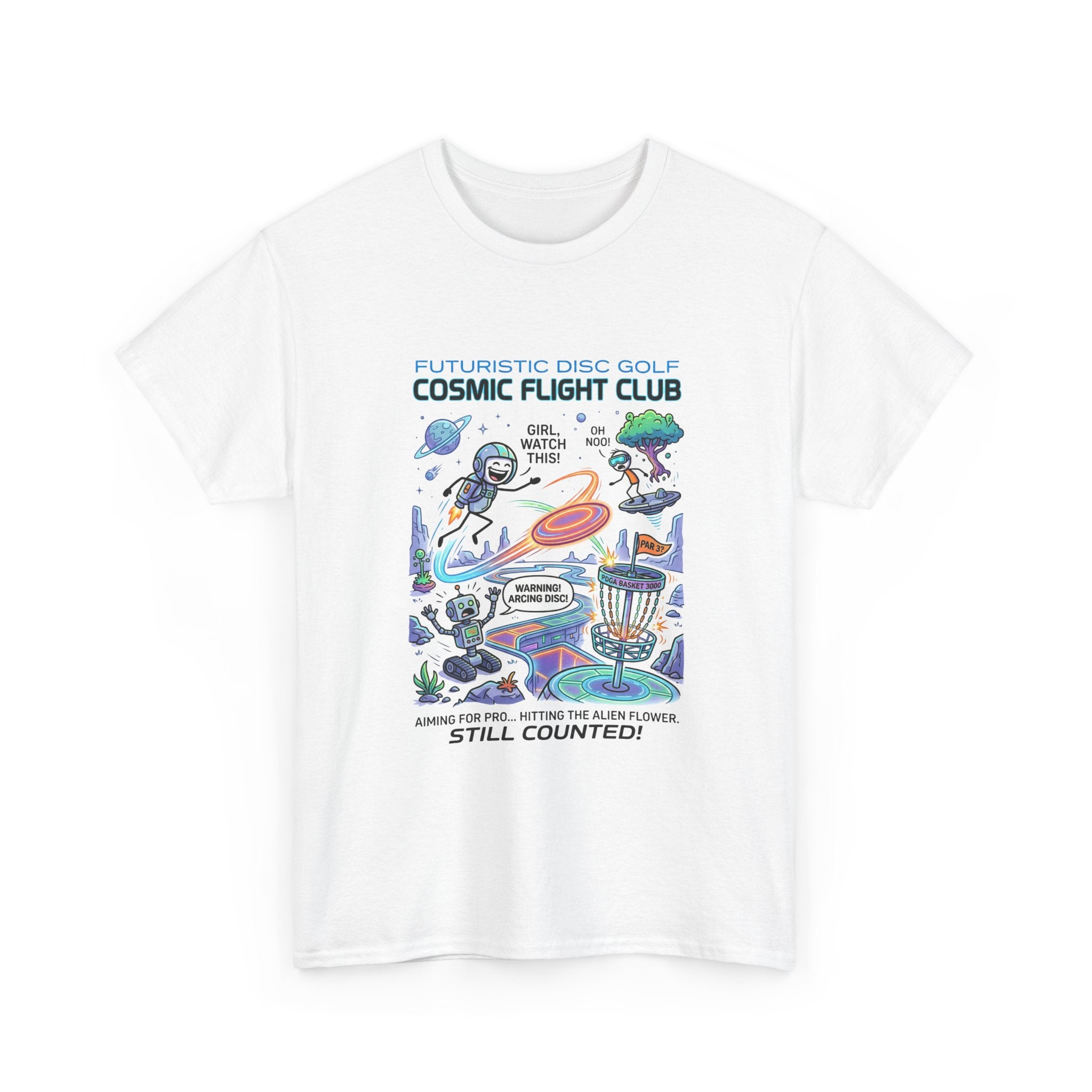 Cosmic Flight Club Disc Golf T-Shirt — Futuristic Outer Space Design