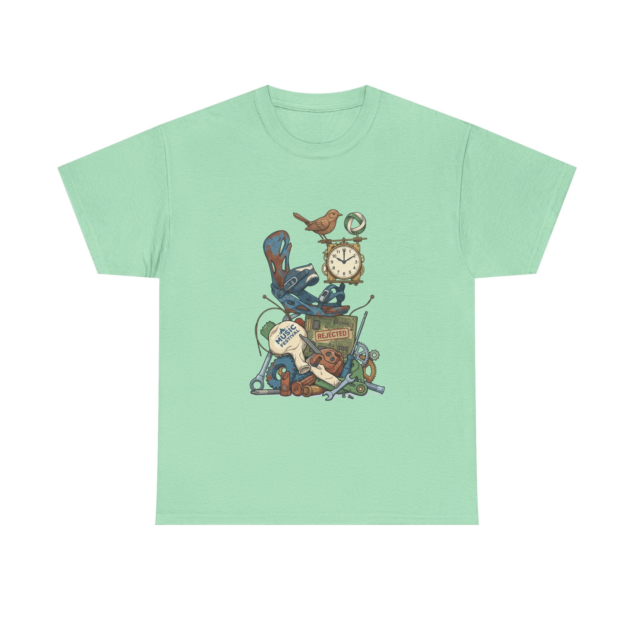 Vintage Hobbies Stack T-Shirt — Retro Clock, Guitar & Tools Illustration