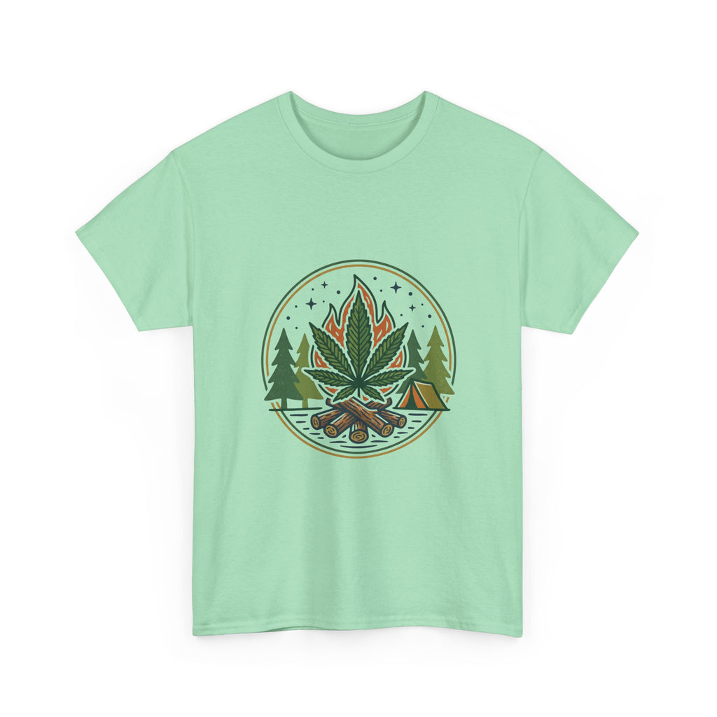 Cannabis Campfire Tee — Outdoor Weed Leaf Forest Graphic T-Shirt