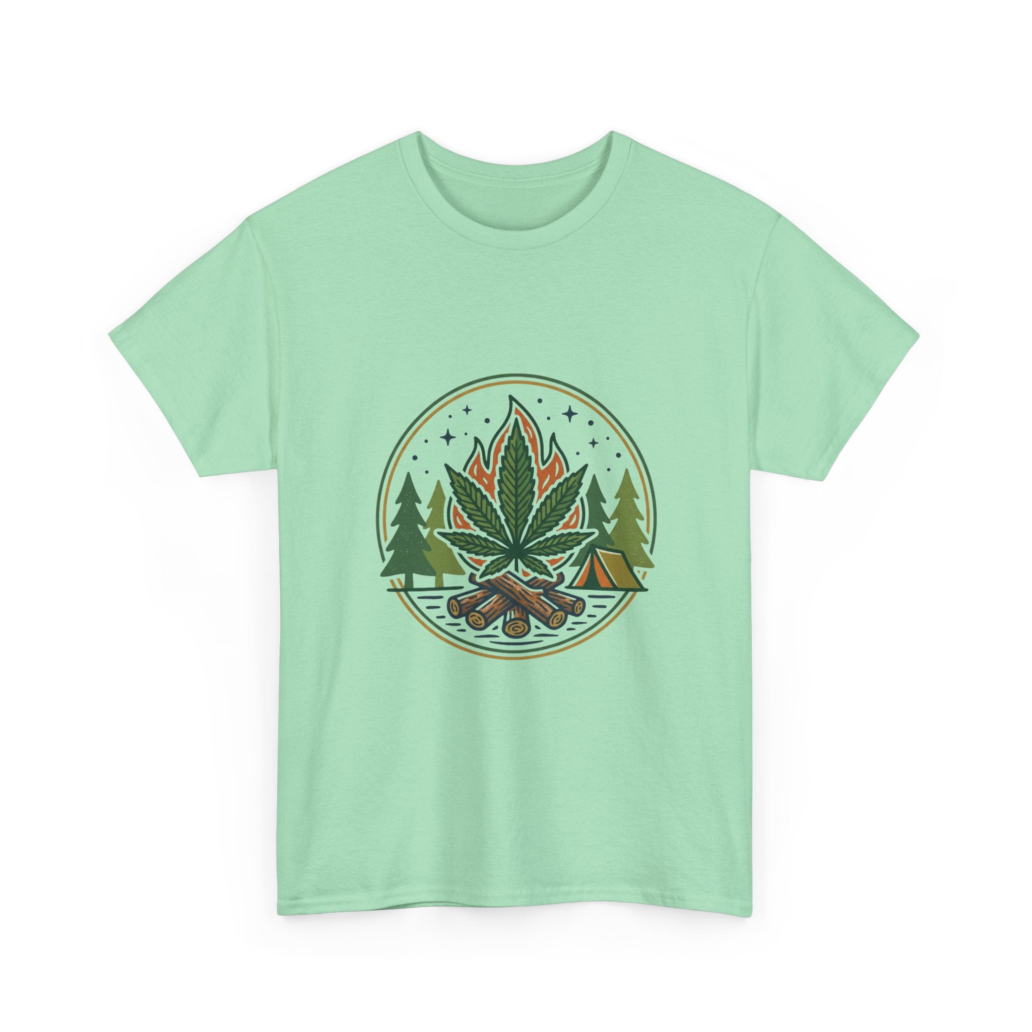 Cannabis Campfire Tee — Outdoor Weed Leaf Forest Graphic T-Shirt