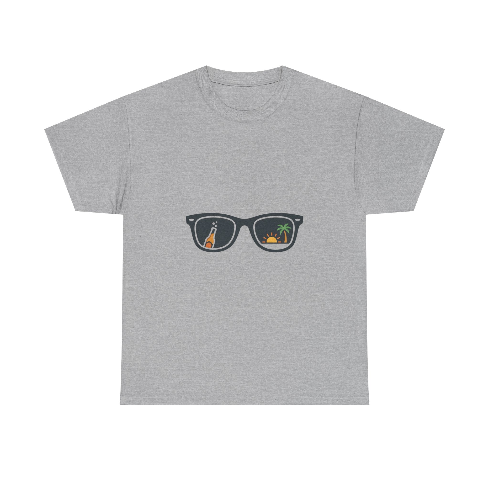 Sunglasses Reflection Tee — Tropical Beach & Palm Drink Graphic T-Shirt