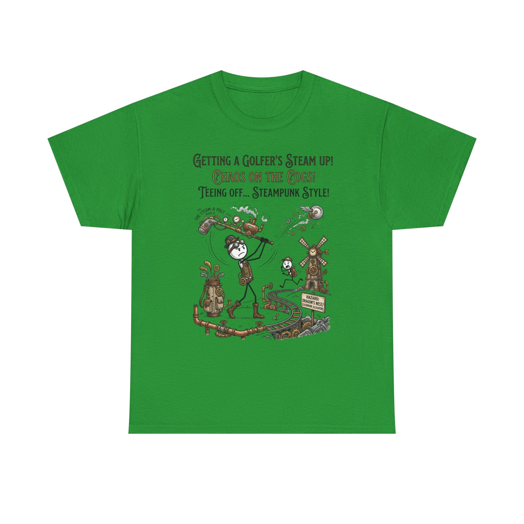 Steampunk Golf T-Shirt - "Getting a Golfer's Steam Up! Chaos on the Cogs" Graphic Tee